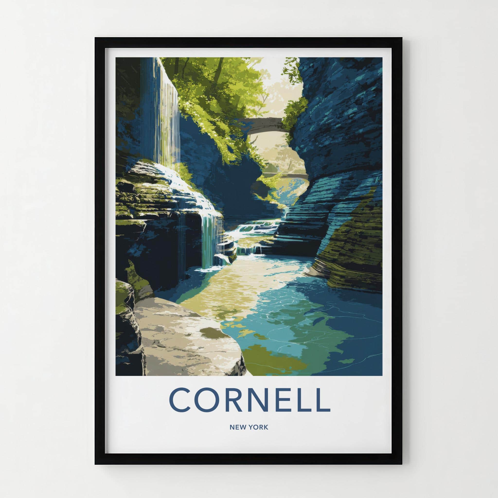 Cornell Poster - New York Travel Art - Gorge Waterfall Bridge Home Decor