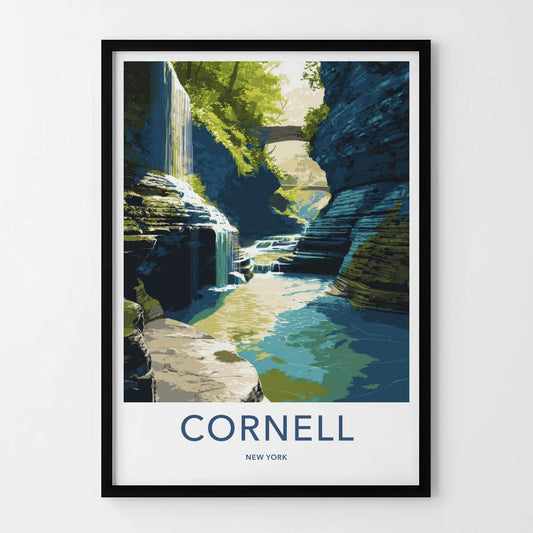 Cornell Poster - New York Travel Art - Gorge Waterfall Bridge Home Decor