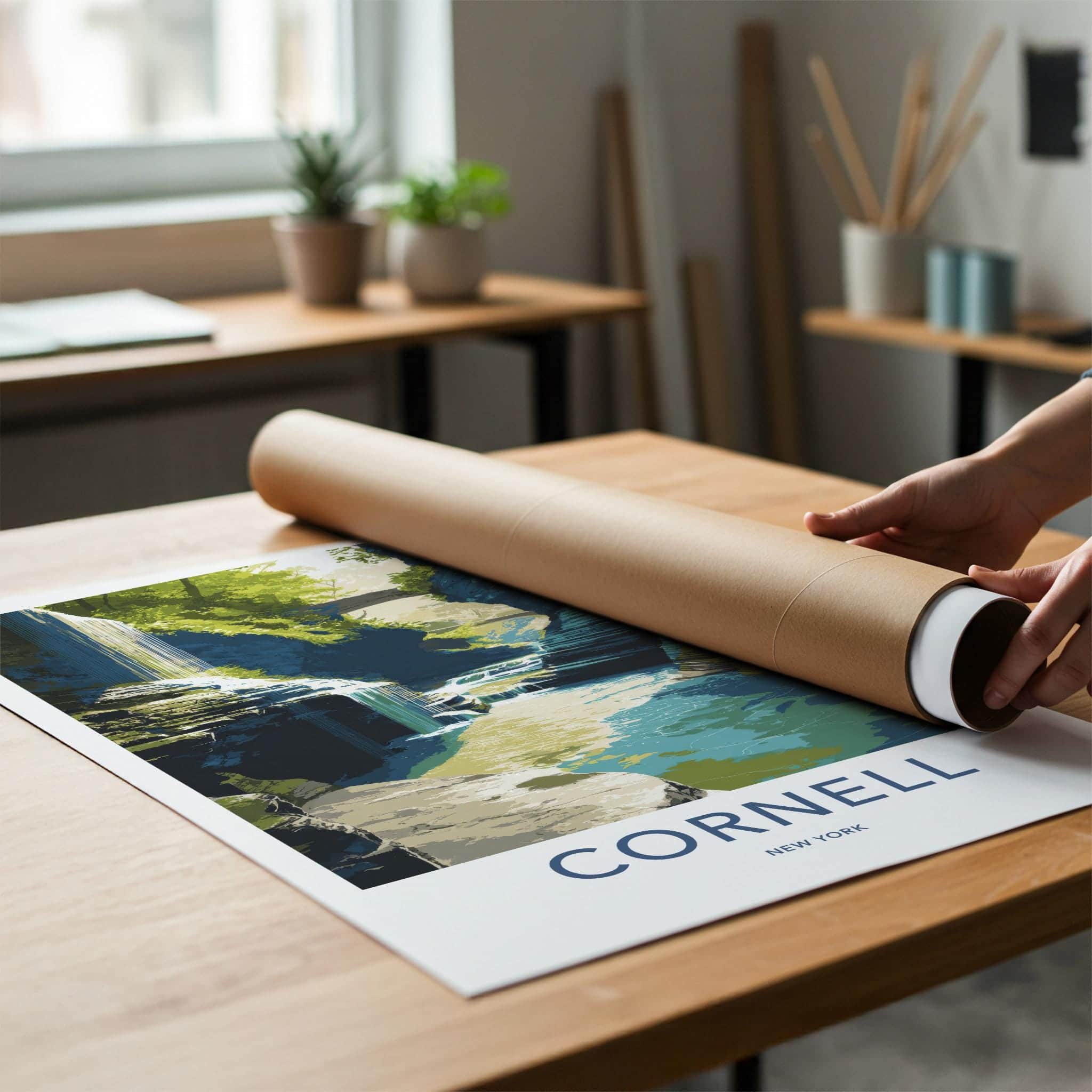 Cornell Poster - New York Travel Art - Gorge Waterfall Bridge Home Decor