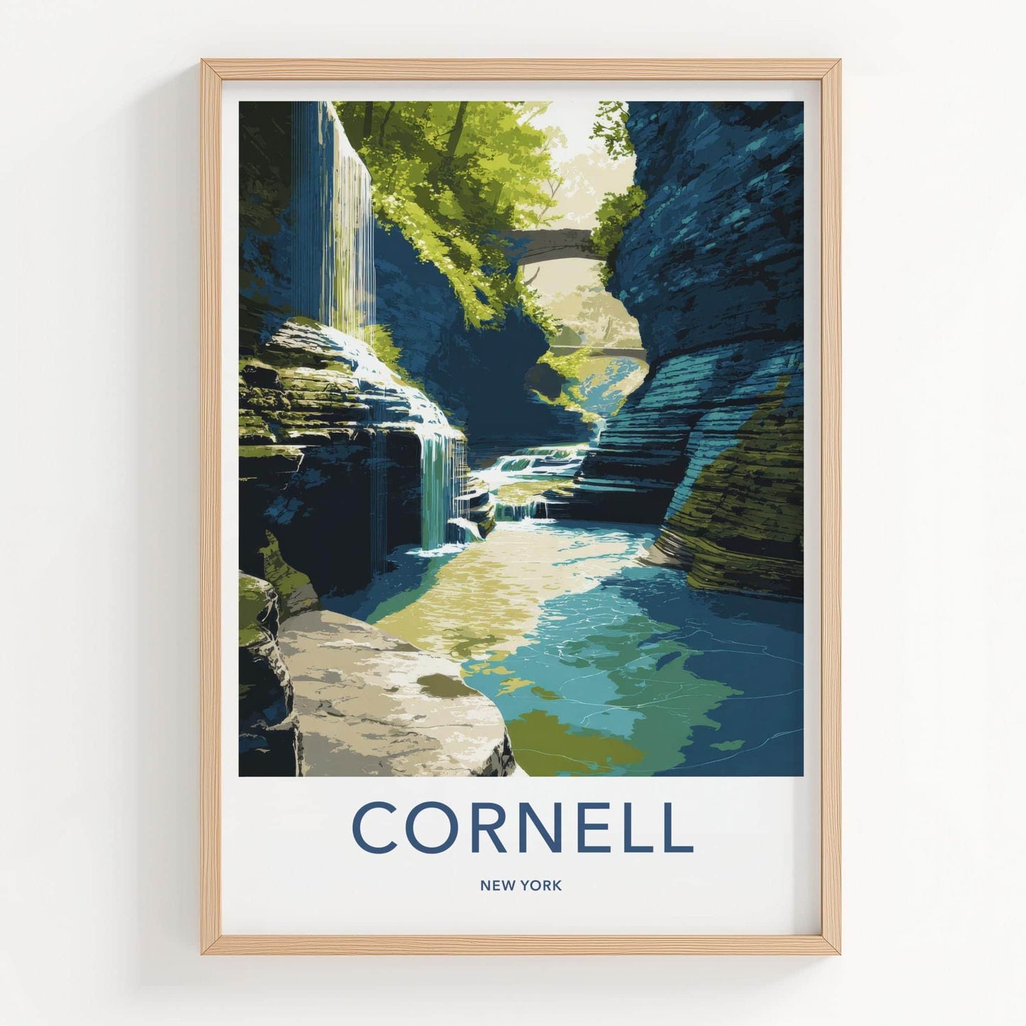 Cornell Poster - New York Travel Art - Gorge Waterfall Bridge Home Decor