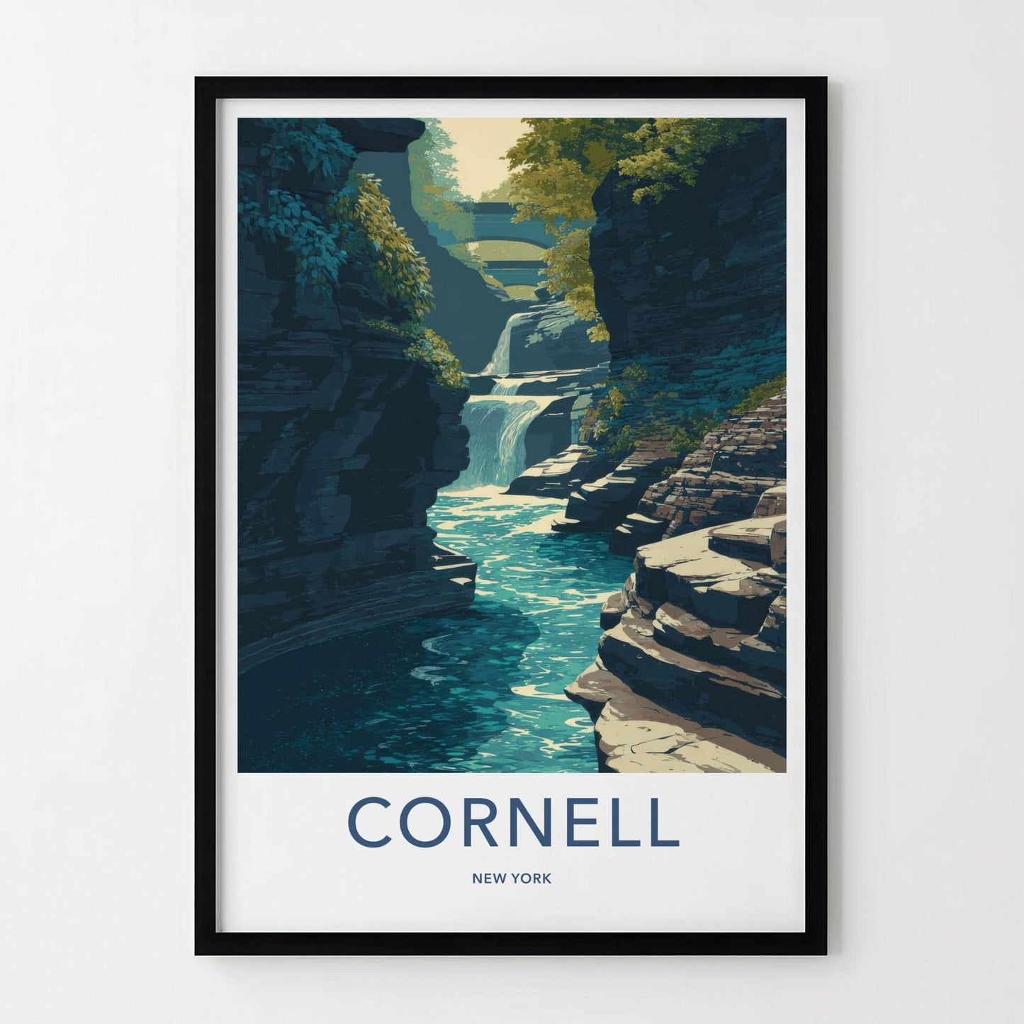 Cornell Poster - New York Travel Art - Gorge Waterfall Bridge Wall Decor