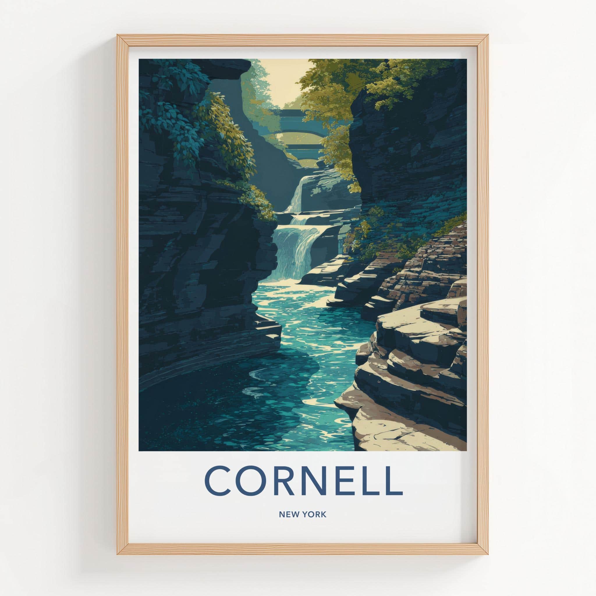 Cornell Poster - New York Travel Art - Gorge Waterfall Bridge Wall Decor