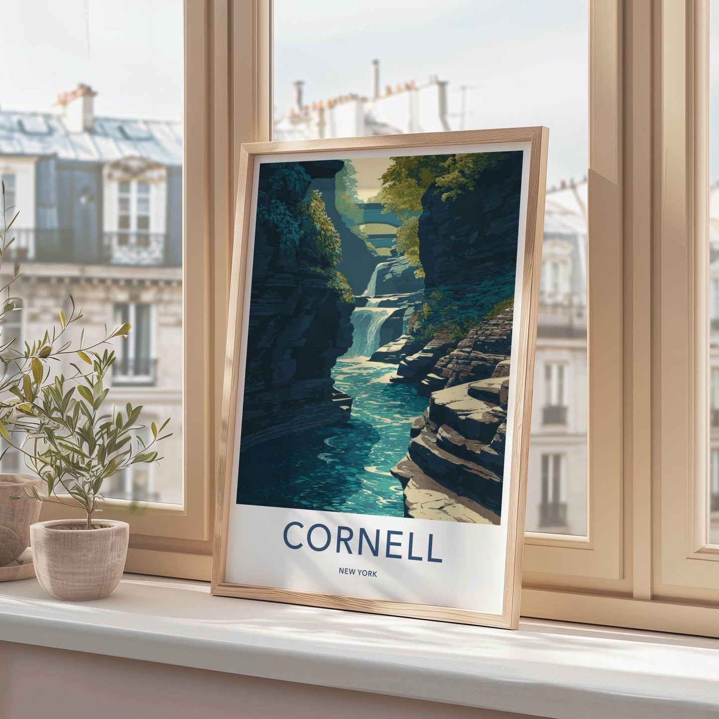 Cornell Poster - New York Travel Art - Gorge Waterfall Bridge Wall Decor