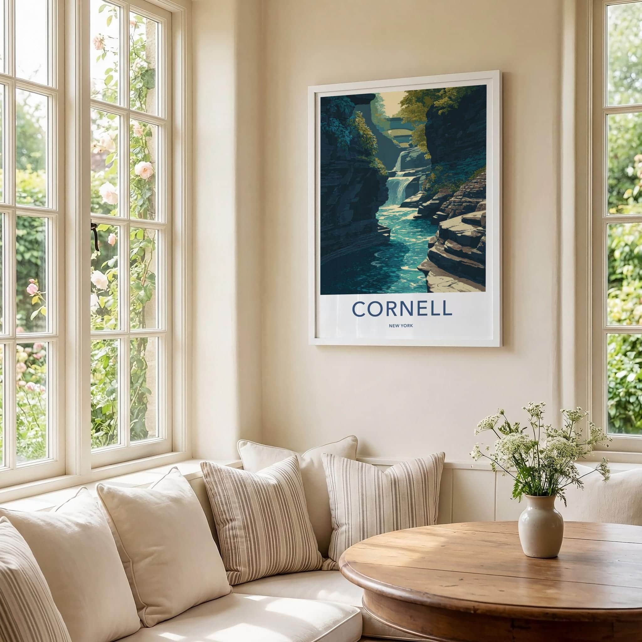 Cornell Poster - New York Travel Art - Gorge Waterfall Bridge Wall Decor
