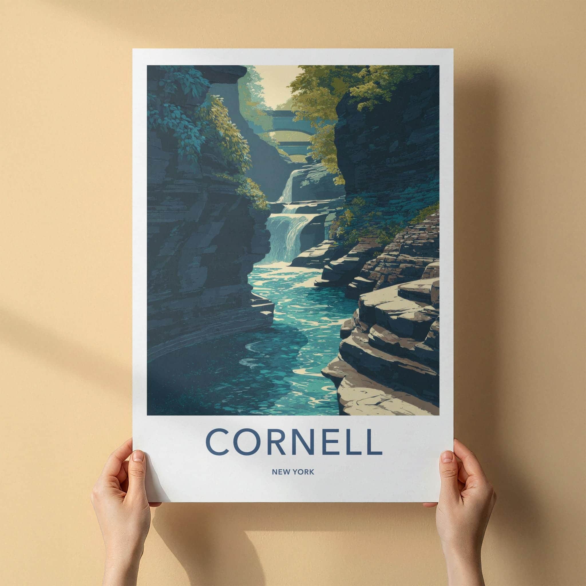 Cornell Poster - New York Travel Art - Gorge Waterfall Bridge Wall Decor
