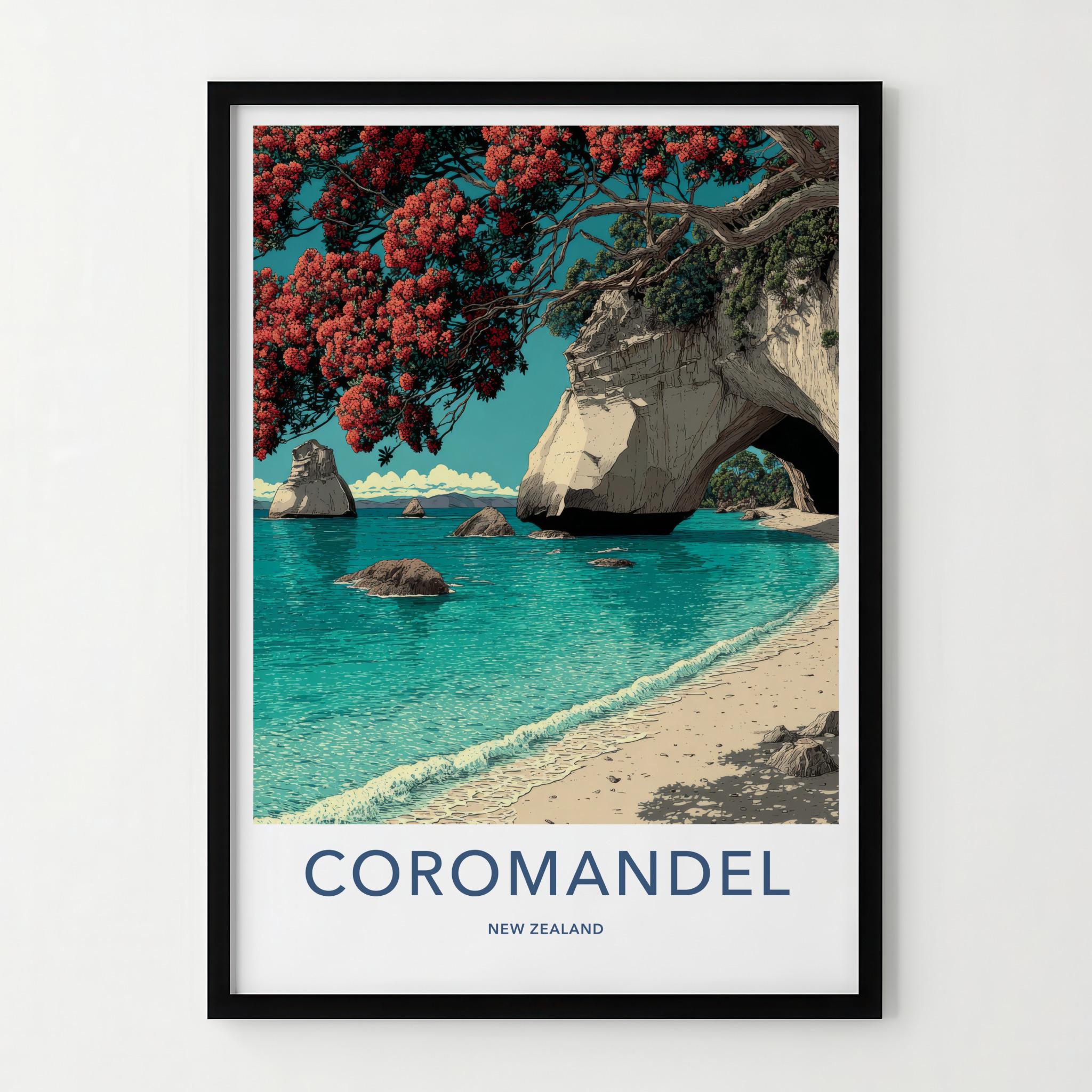 Coromandel Poster - New Zealand Travel Art - Coastal Archway Blooms Home Decor