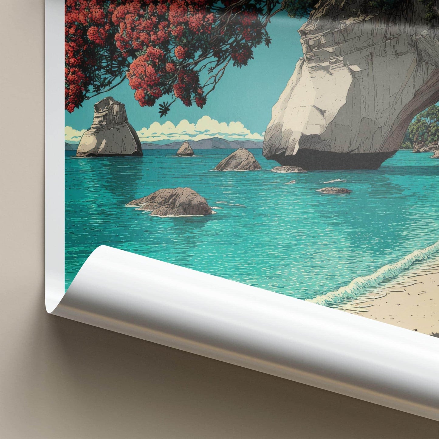 Coromandel Poster - New Zealand Travel Art - Coastal Archway Blooms Home Decor