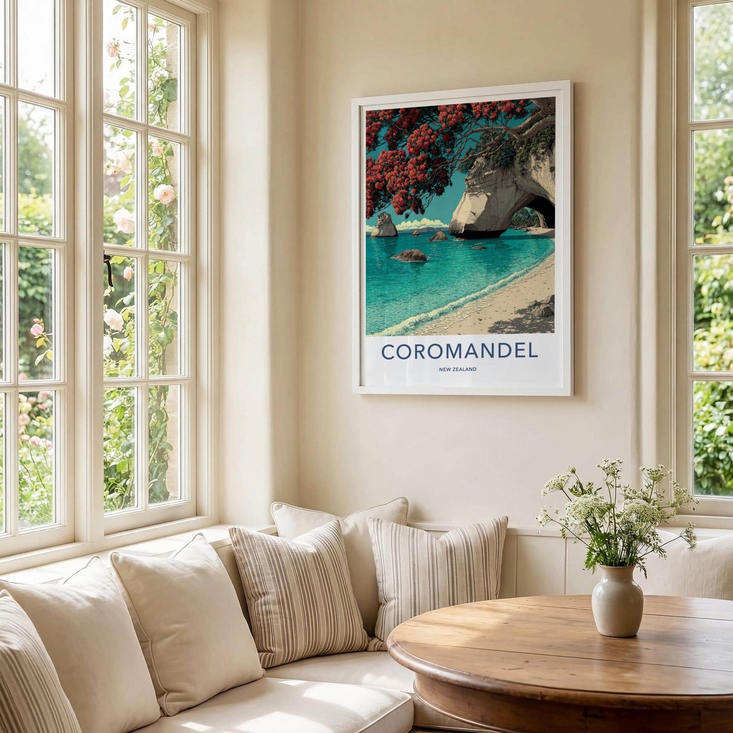 Coromandel Poster - New Zealand Travel Art - Coastal Archway Blooms Home Decor