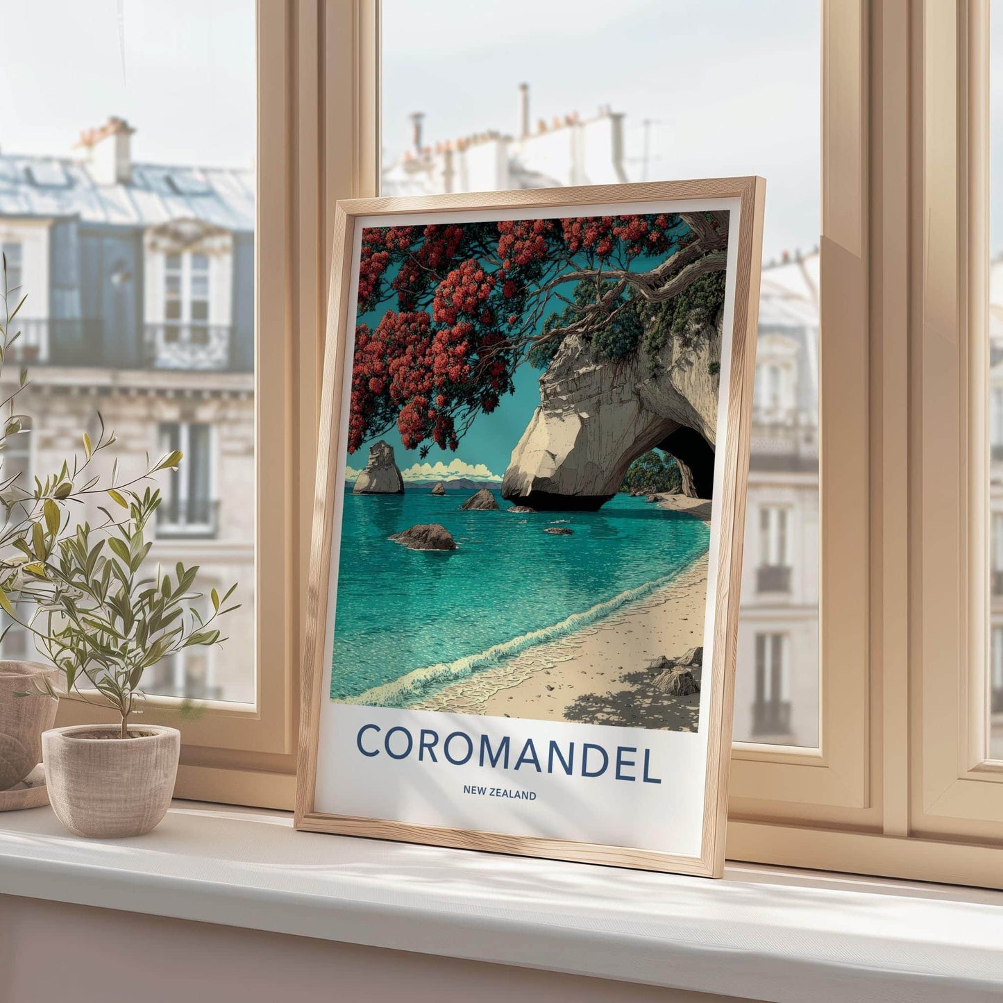 Coromandel Poster - New Zealand Travel Art - Coastal Archway Blooms Home Decor