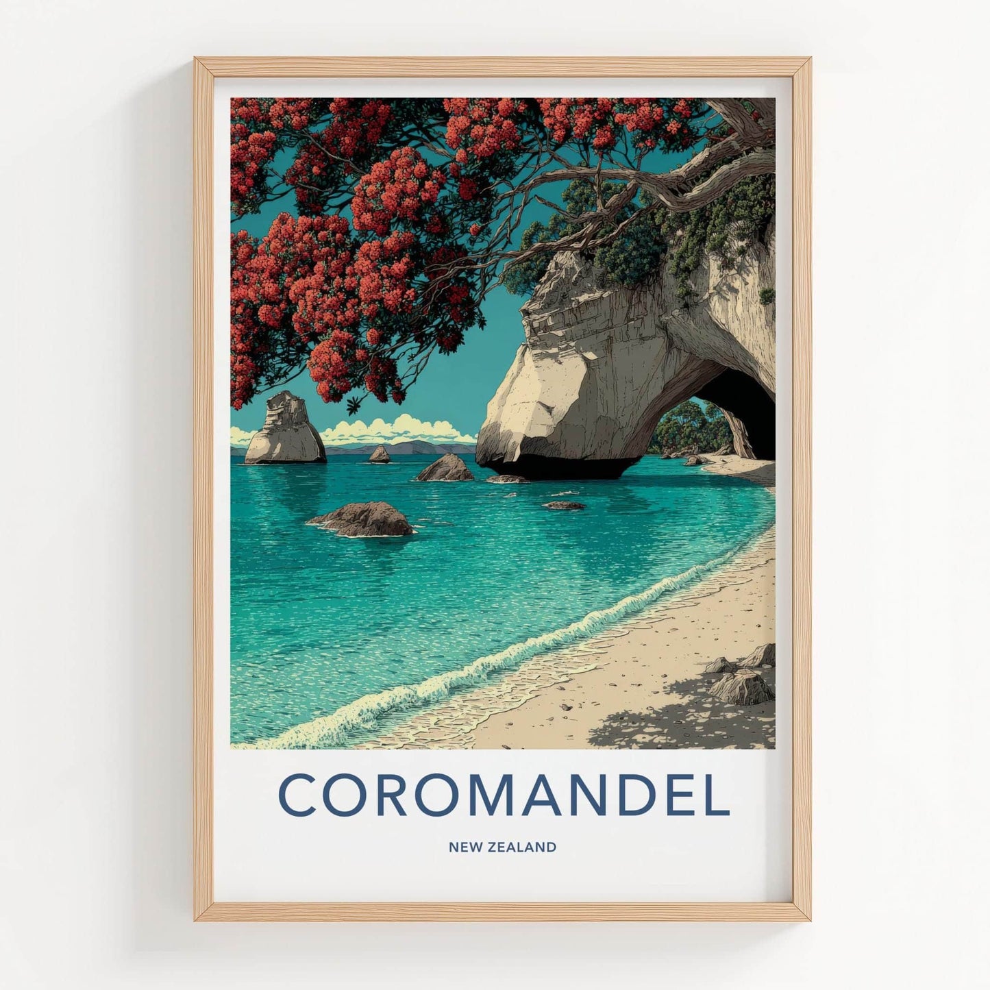 Coromandel Poster - New Zealand Travel Art - Coastal Archway Blooms Home Decor