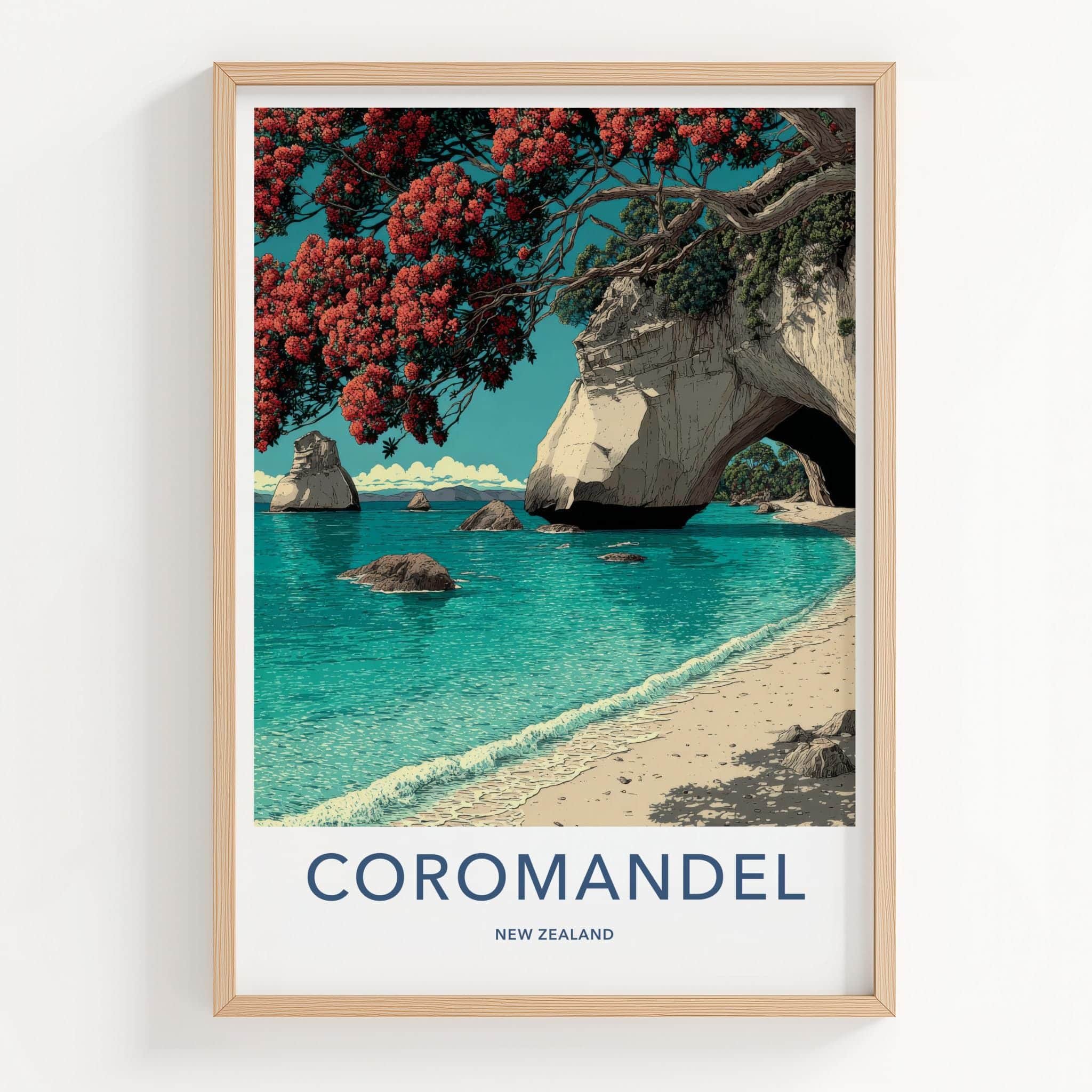 Coromandel Poster - New Zealand Travel Art - Coastal Archway Blooms Home Decor