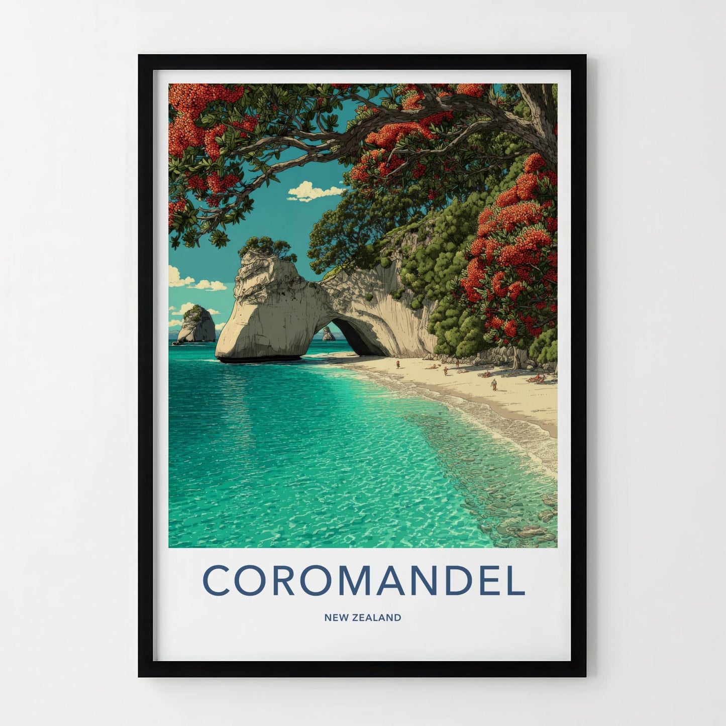Coromandel Poster - New Zealand Travel Art - Ocean Cave Pohutukawa Home Decor