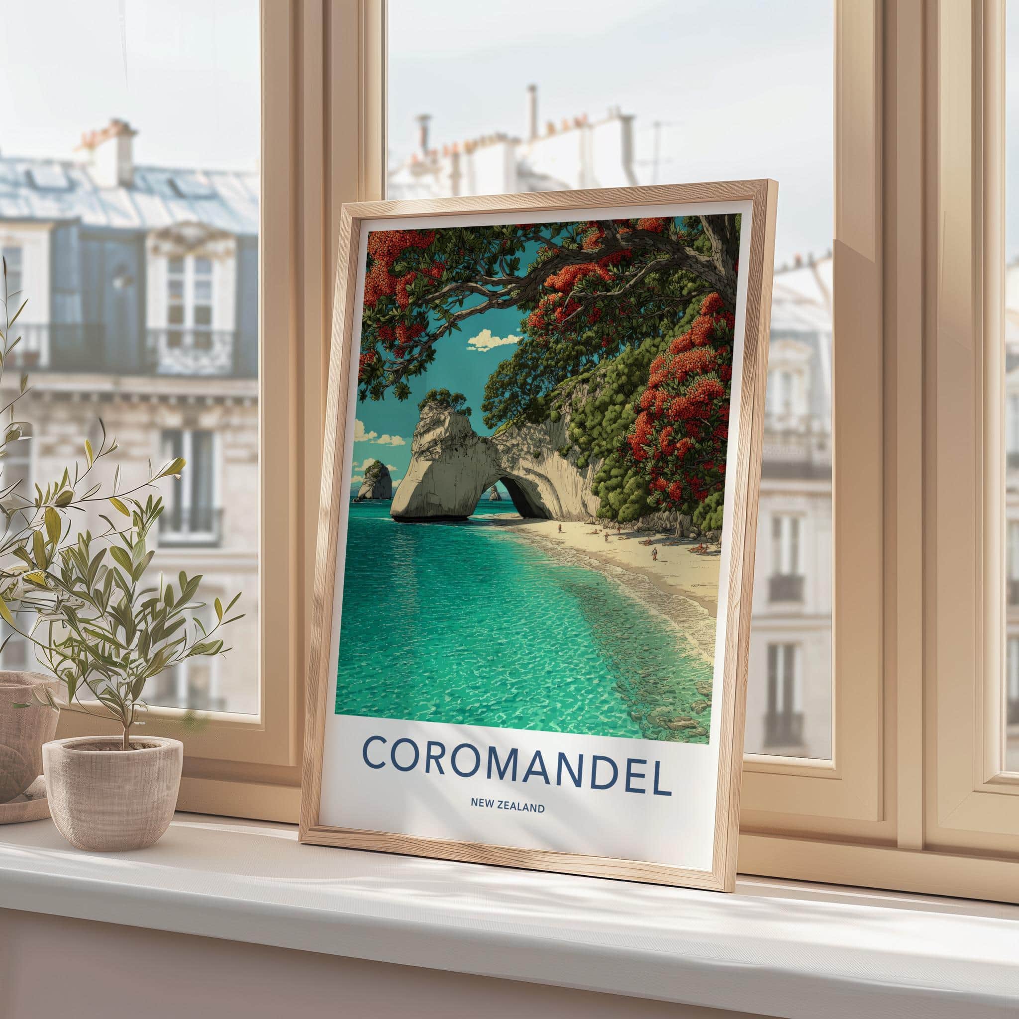 Coromandel Poster - New Zealand Travel Art - Ocean Cave Pohutukawa Home Decor