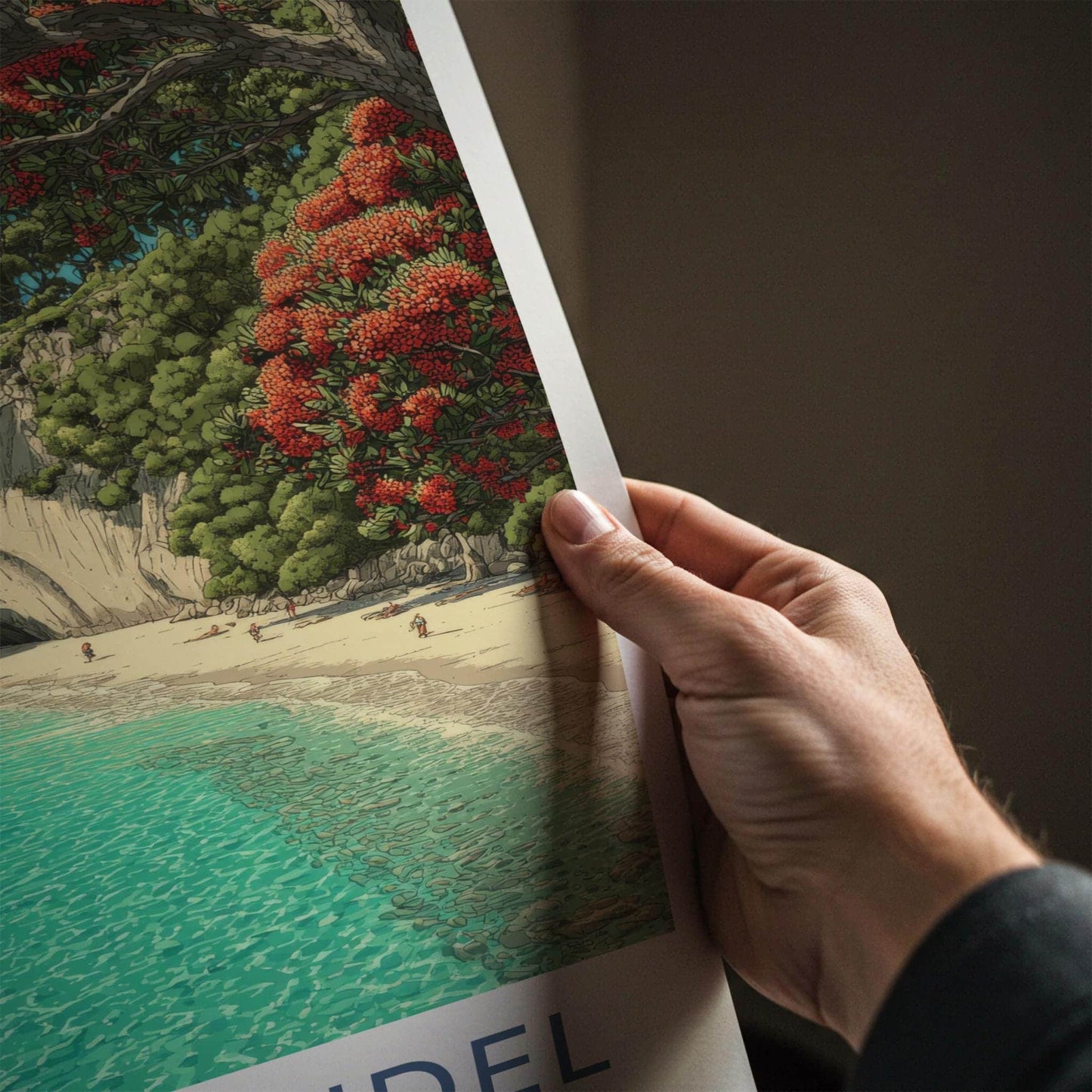 Coromandel Poster - New Zealand Travel Art - Ocean Cave Pohutukawa Home Decor