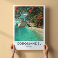 Coromandel Poster - New Zealand Travel Art - Ocean Cave Pohutukawa Home Decor