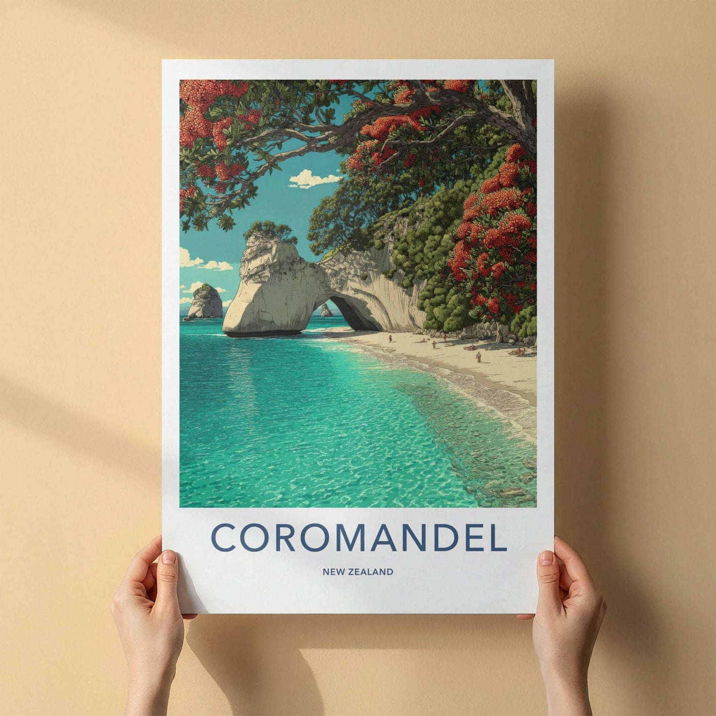 Coromandel Poster - New Zealand Travel Art - Ocean Cave Pohutukawa Home Decor