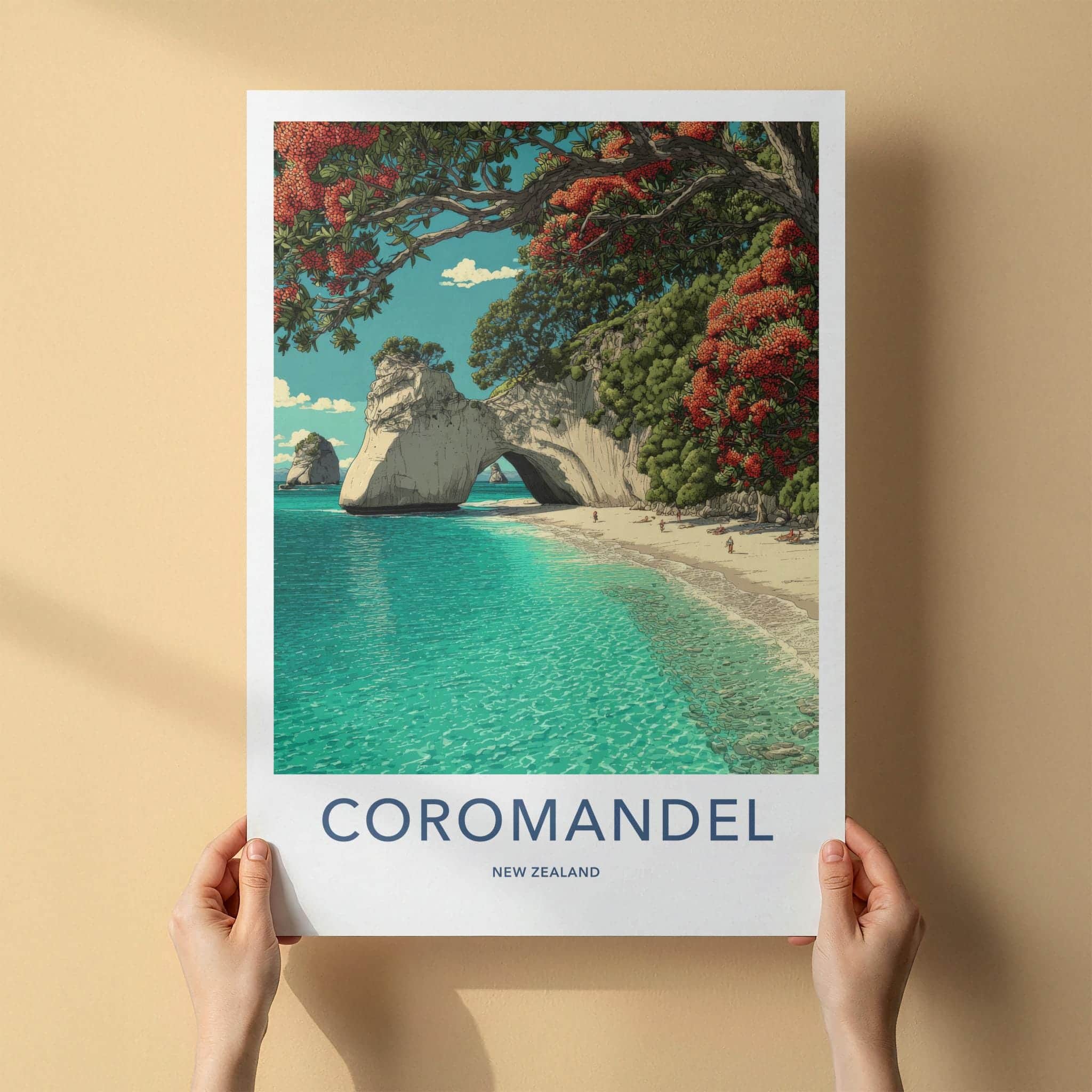 Coromandel Poster - New Zealand Travel Art - Ocean Cave Pohutukawa Home Decor