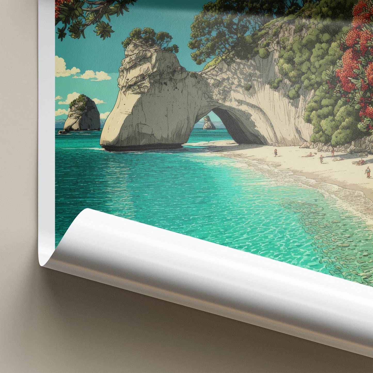 Coromandel Poster - New Zealand Travel Art - Ocean Cave Pohutukawa Home Decor
