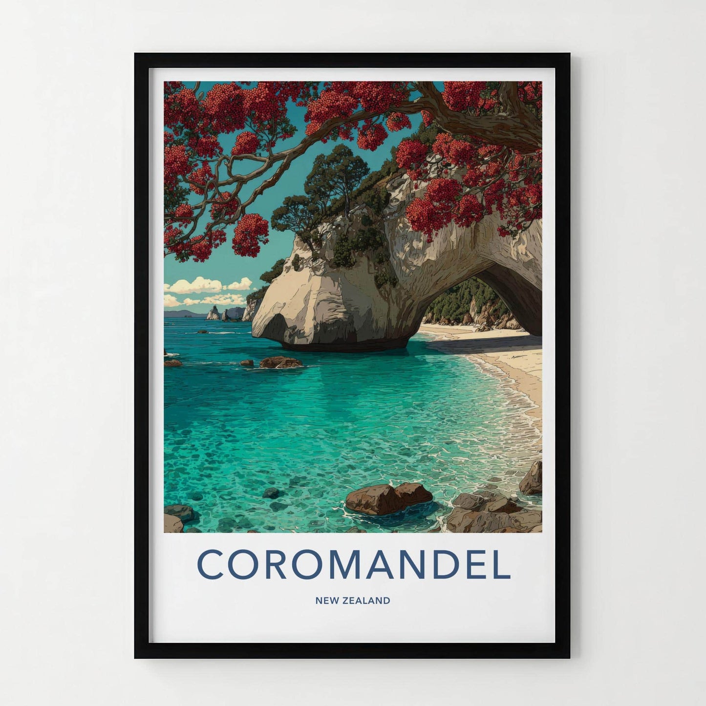 Coromandel Poster - New Zealand Travel Art - Pohutukawa Arch Beach Home Decor