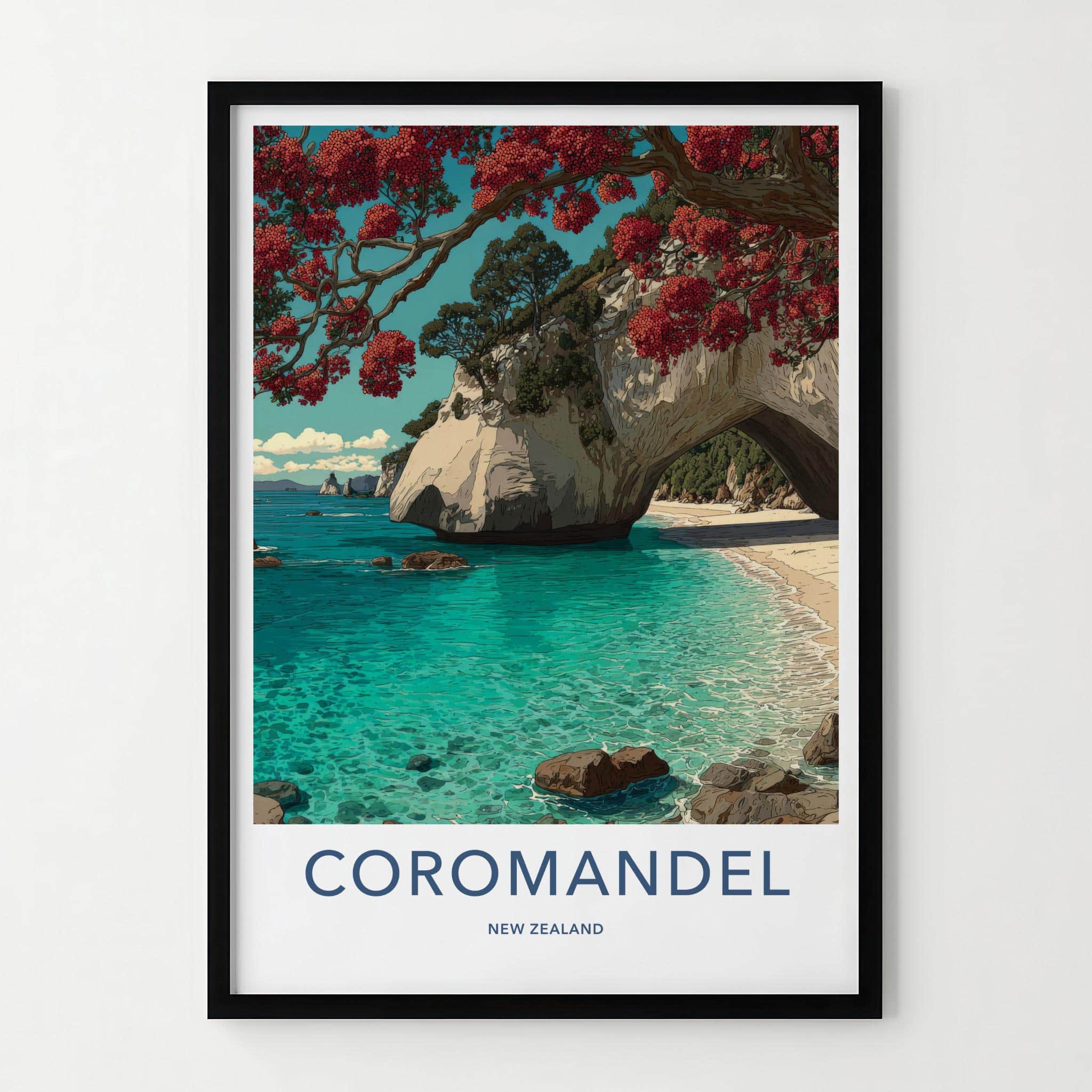 Coromandel Poster - New Zealand Travel Art - Pohutukawa Arch Beach Home Decor