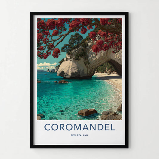 Coromandel Poster - New Zealand Travel Art - Pohutukawa Arch Beach Home Decor