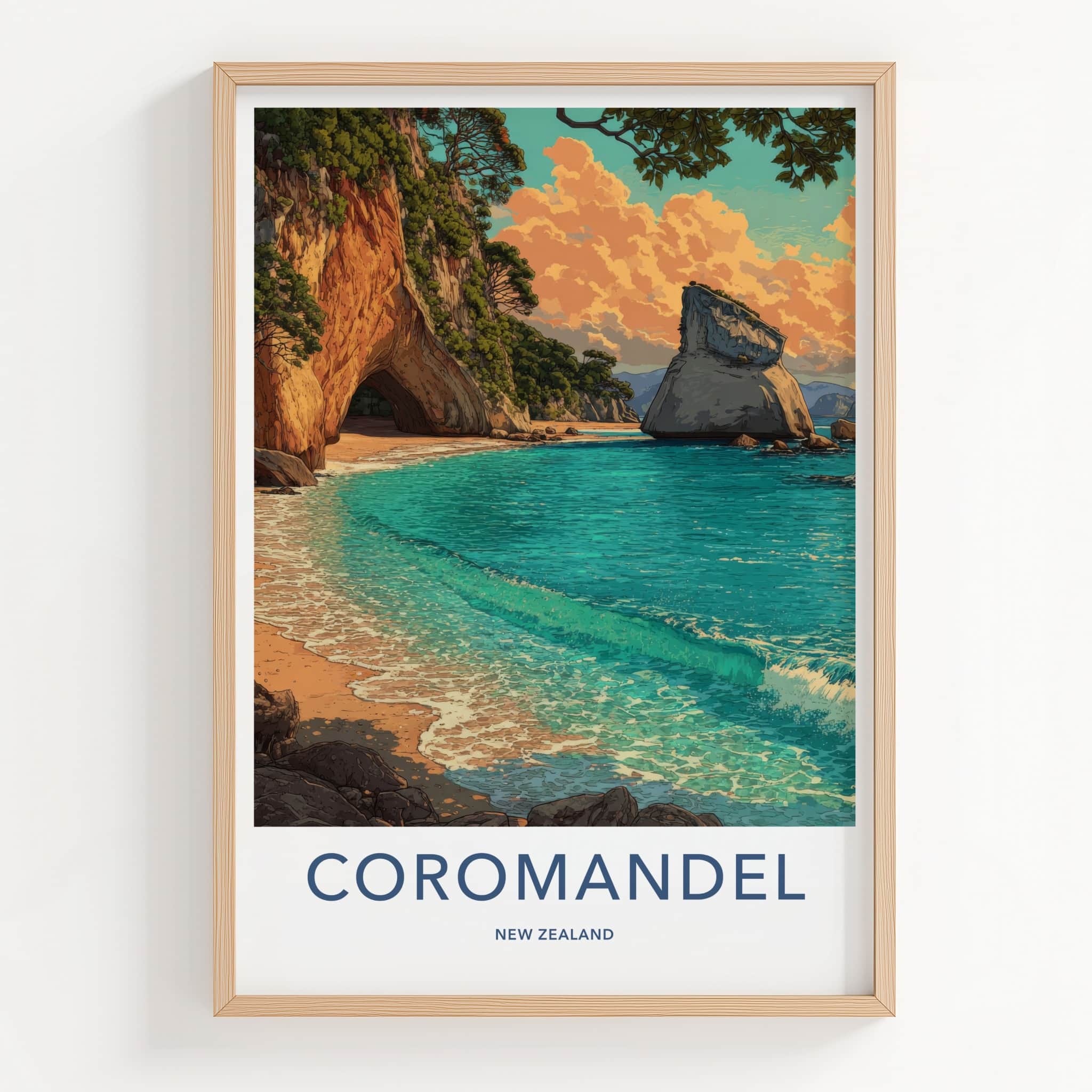 Coromandel Poster - New Zealand Travel Print - Cave Beach Home Decor