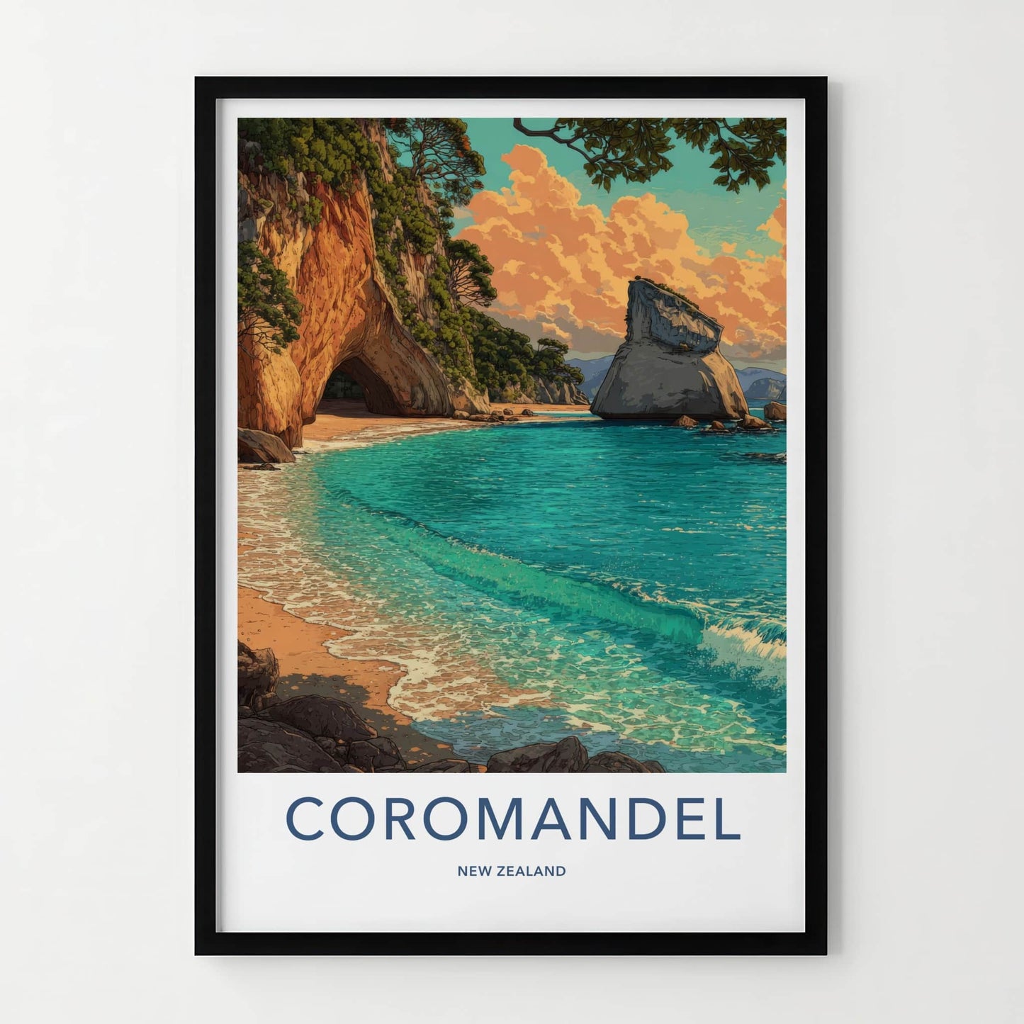 Coromandel Poster - New Zealand Travel Print - Cave Beach Home Decor
