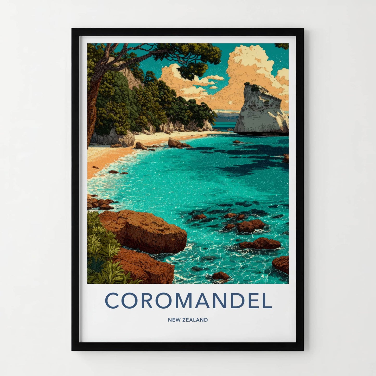 Coromandel Poster New Zealand Travel Print Ocean Beach Cliff Gallery Art