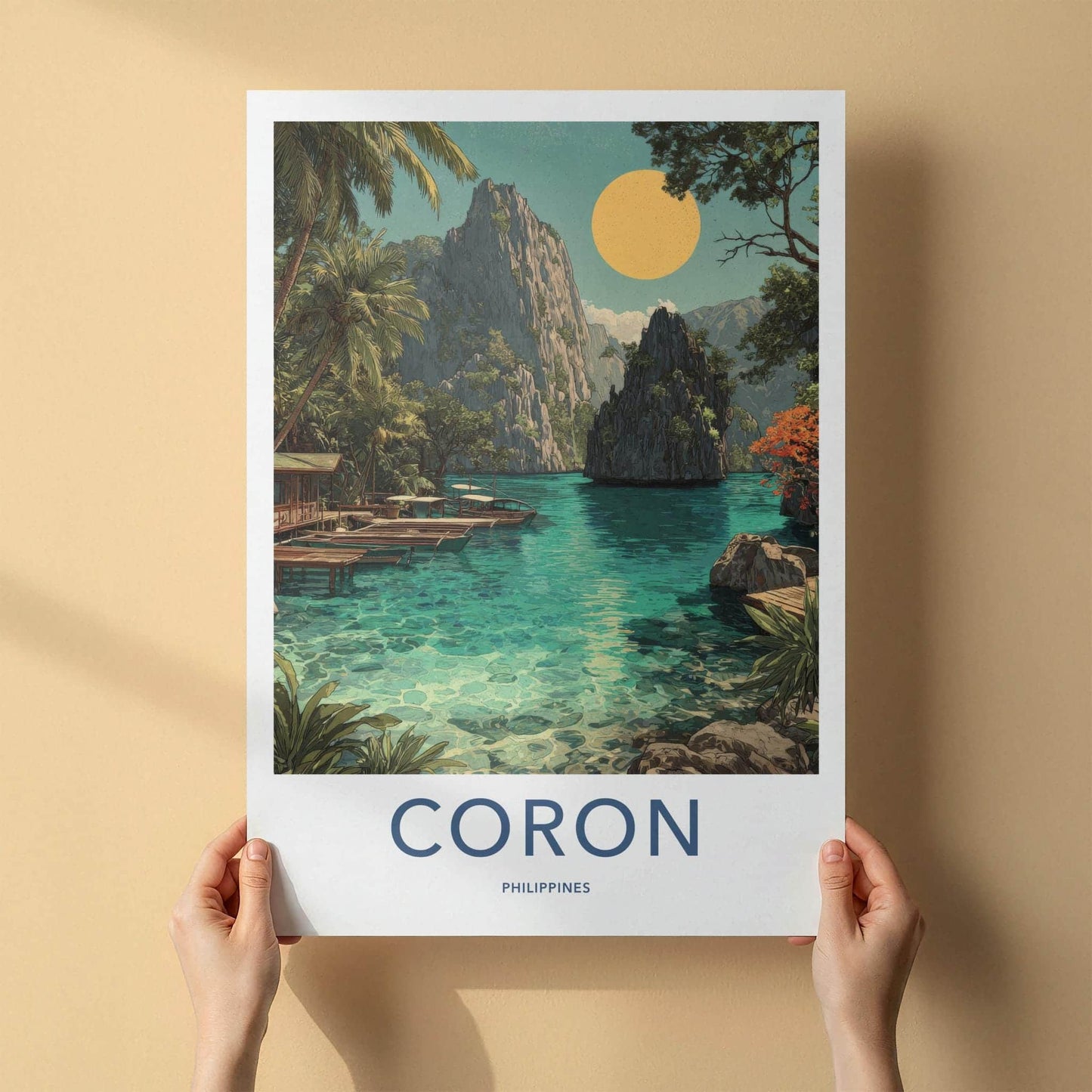 Coron Poster - Philippines Travel Art - Emerald Waters Boats Home Decor