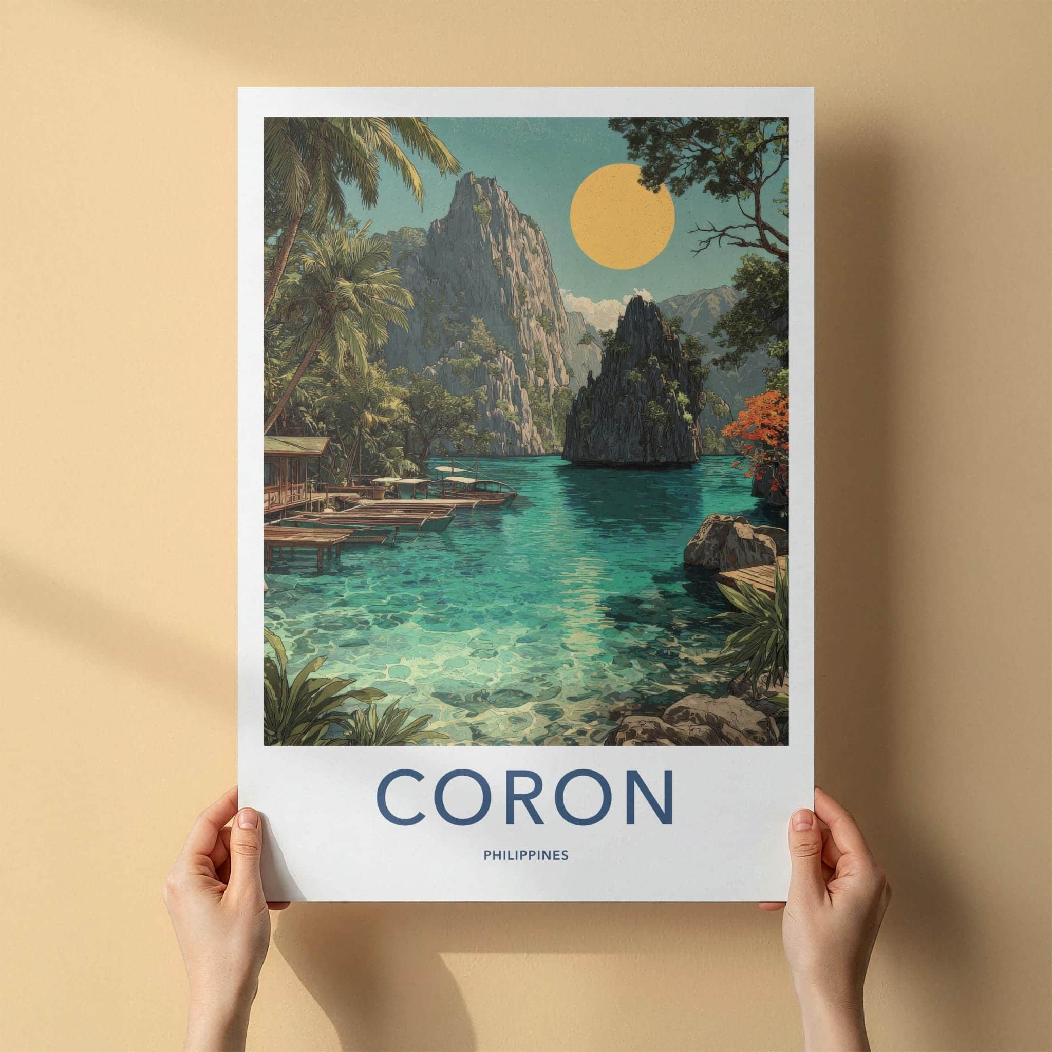 Coron Poster - Philippines Travel Art - Emerald Waters Boats Home Decor