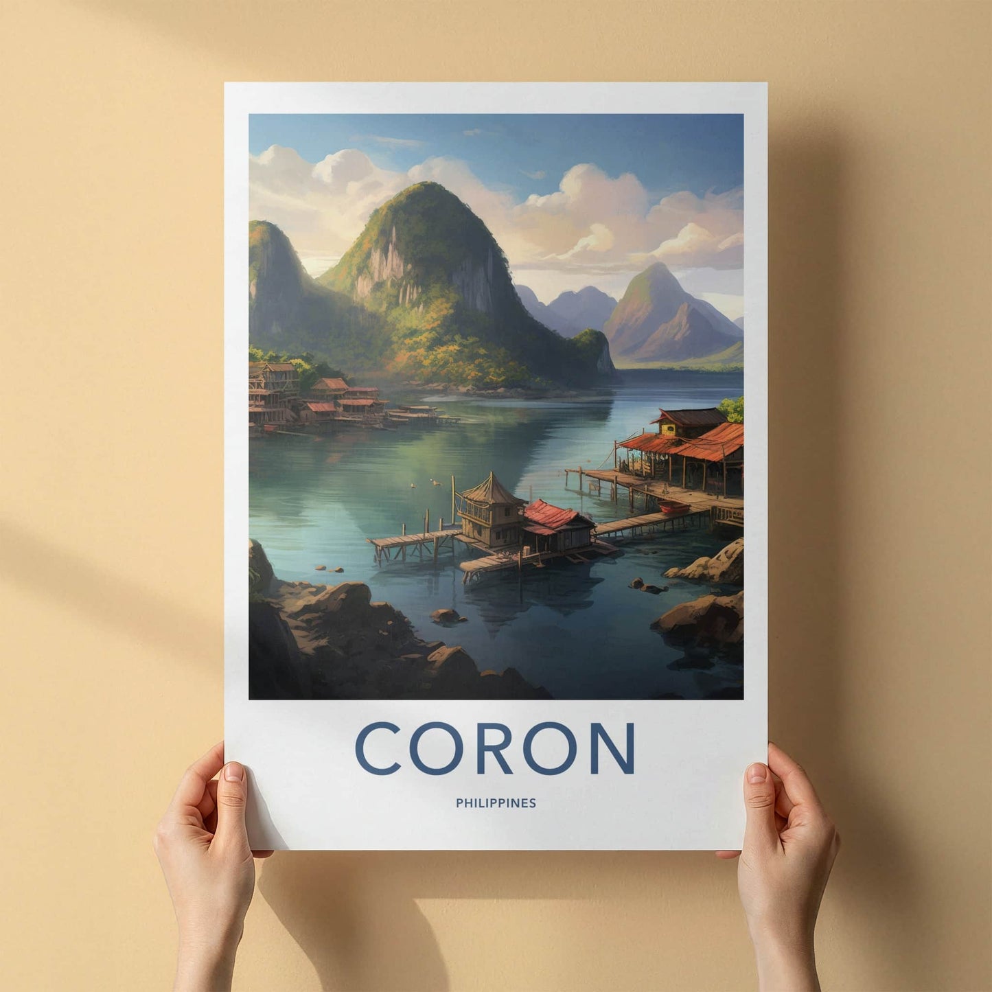 Coron Poster - Philippines Travel Art - Stilt Houses Mountains Home Decor