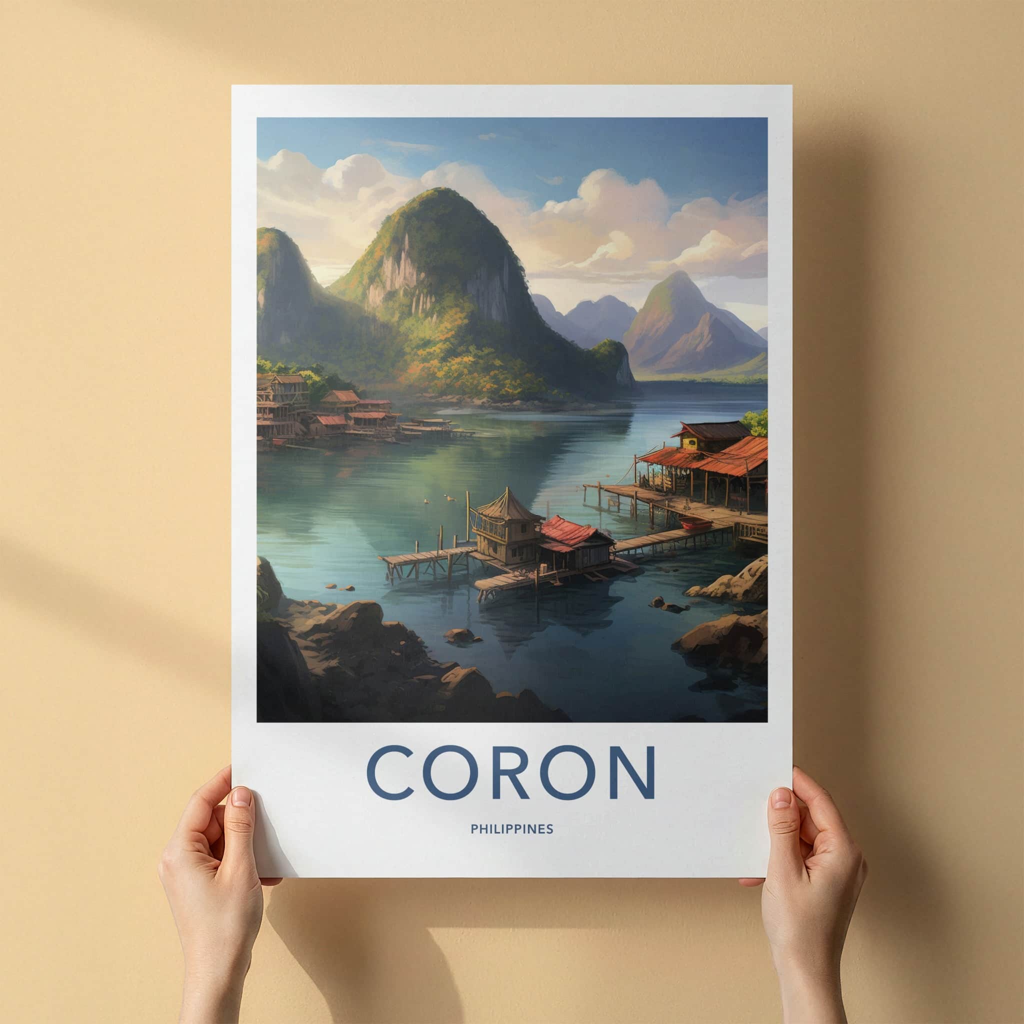 Coron Poster - Philippines Travel Art - Stilt Houses Mountains Home Decor