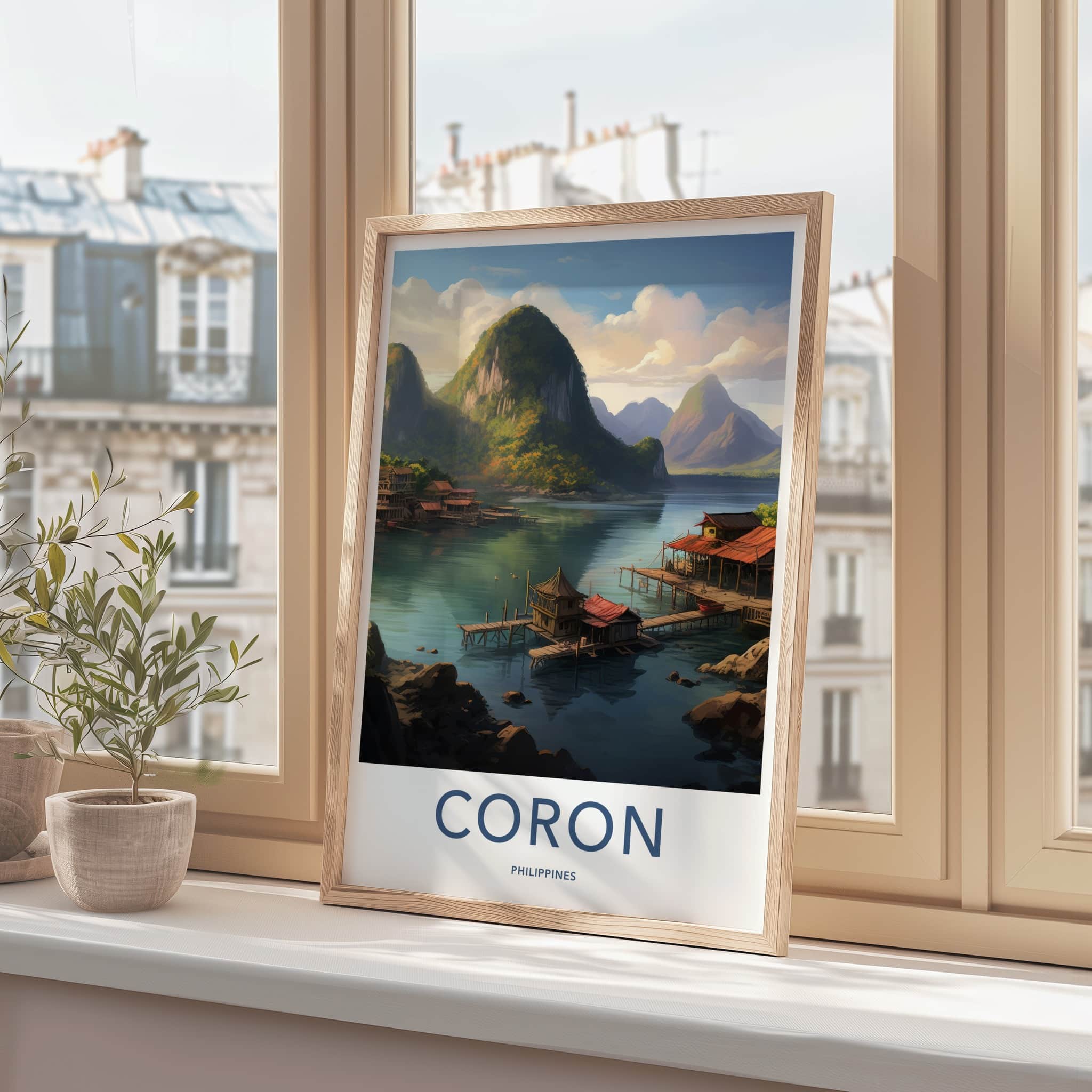 Coron Poster - Philippines Travel Art - Stilt Houses Mountains Home Decor