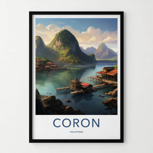 Coron Poster - Philippines Travel Art - Stilt Houses Mountains Home Decor