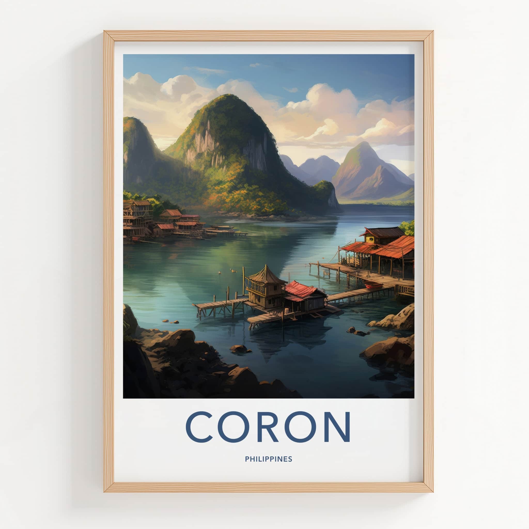 Coron Poster - Philippines Travel Art - Stilt Houses Mountains Home Decor