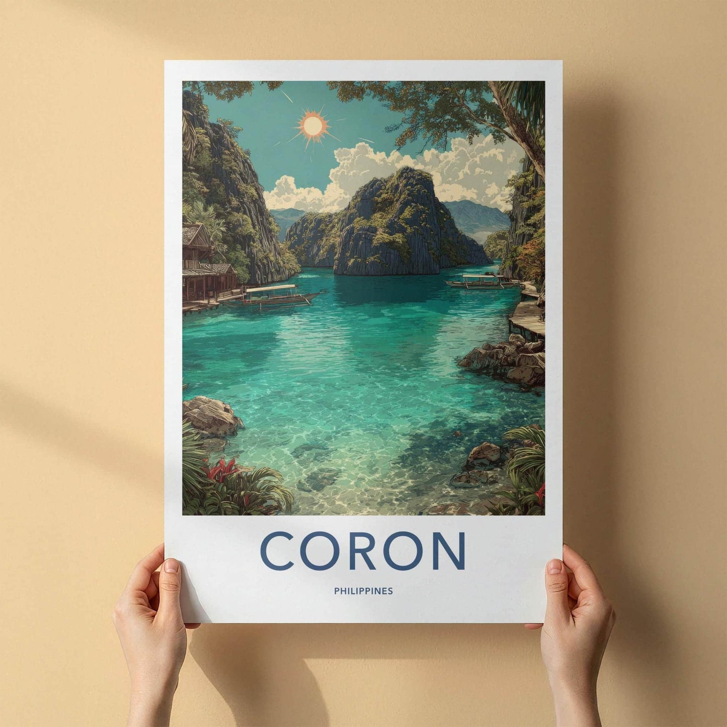Coron Poster - Philippines Travel Art - Tropical Lagoon Boats Home Decor