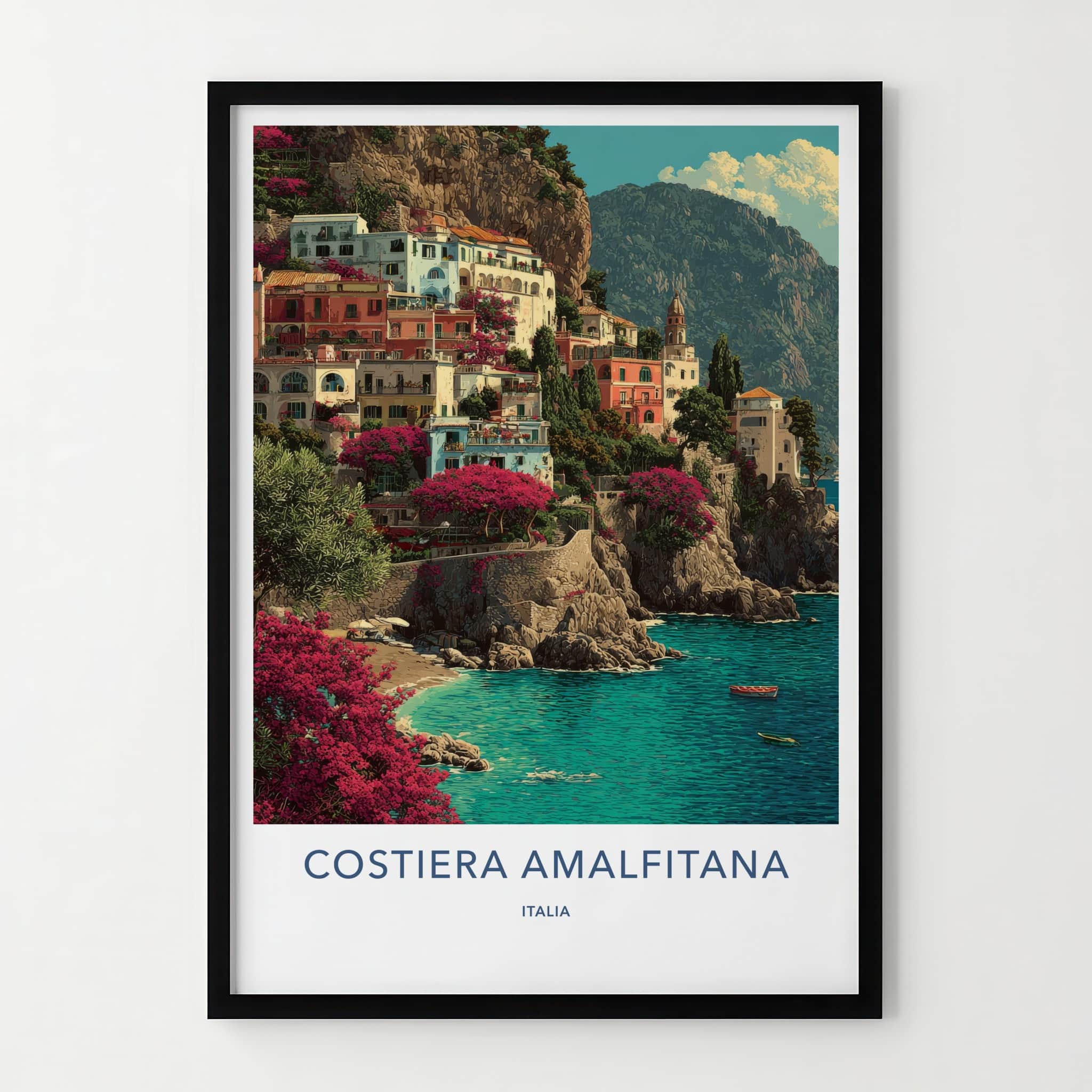 Costiera Amalfitana Poster - Italy Art Print - Cliffside Town Boats Wall Decor