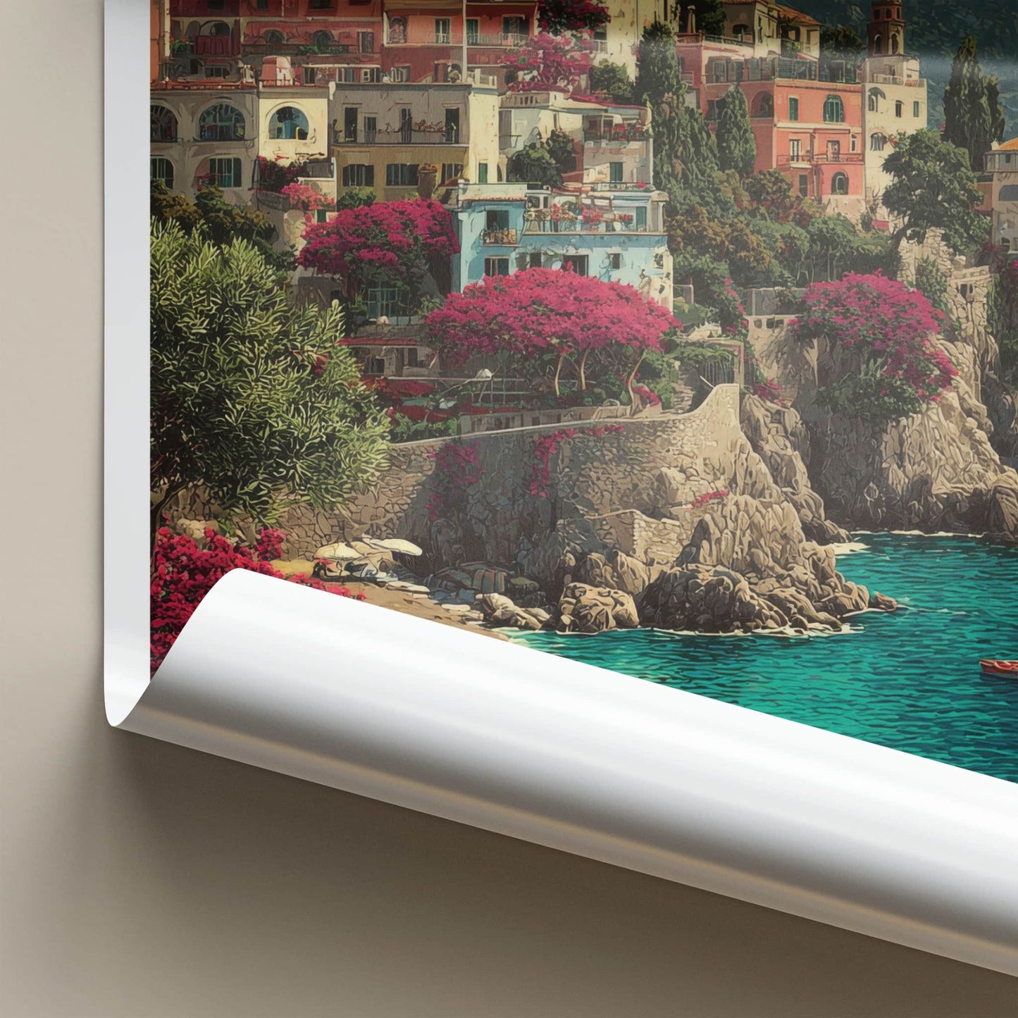 Costiera Amalfitana Poster - Italy Art Print - Cliffside Town Boats Wall Decor