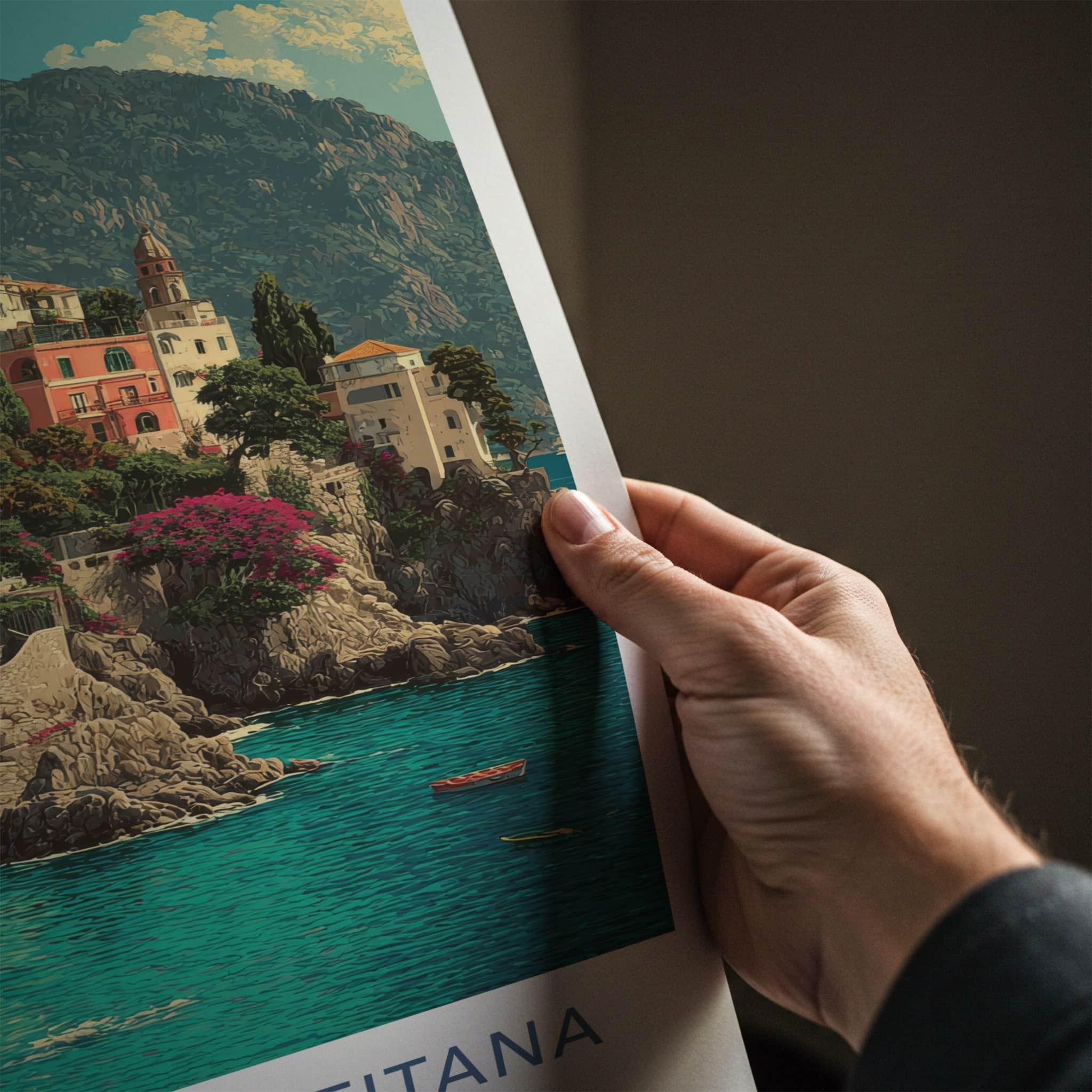 Costiera Amalfitana Poster - Italy Art Print - Cliffside Town Boats Wall Decor