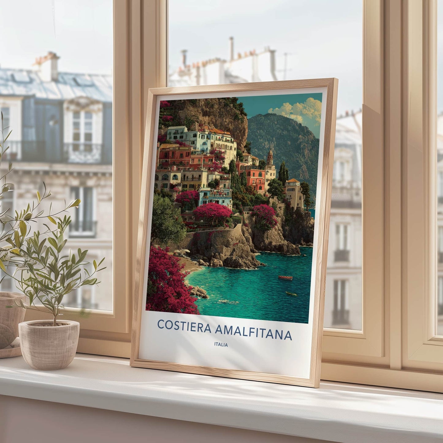 Costiera Amalfitana Poster - Italy Art Print - Cliffside Town Boats Wall Decor