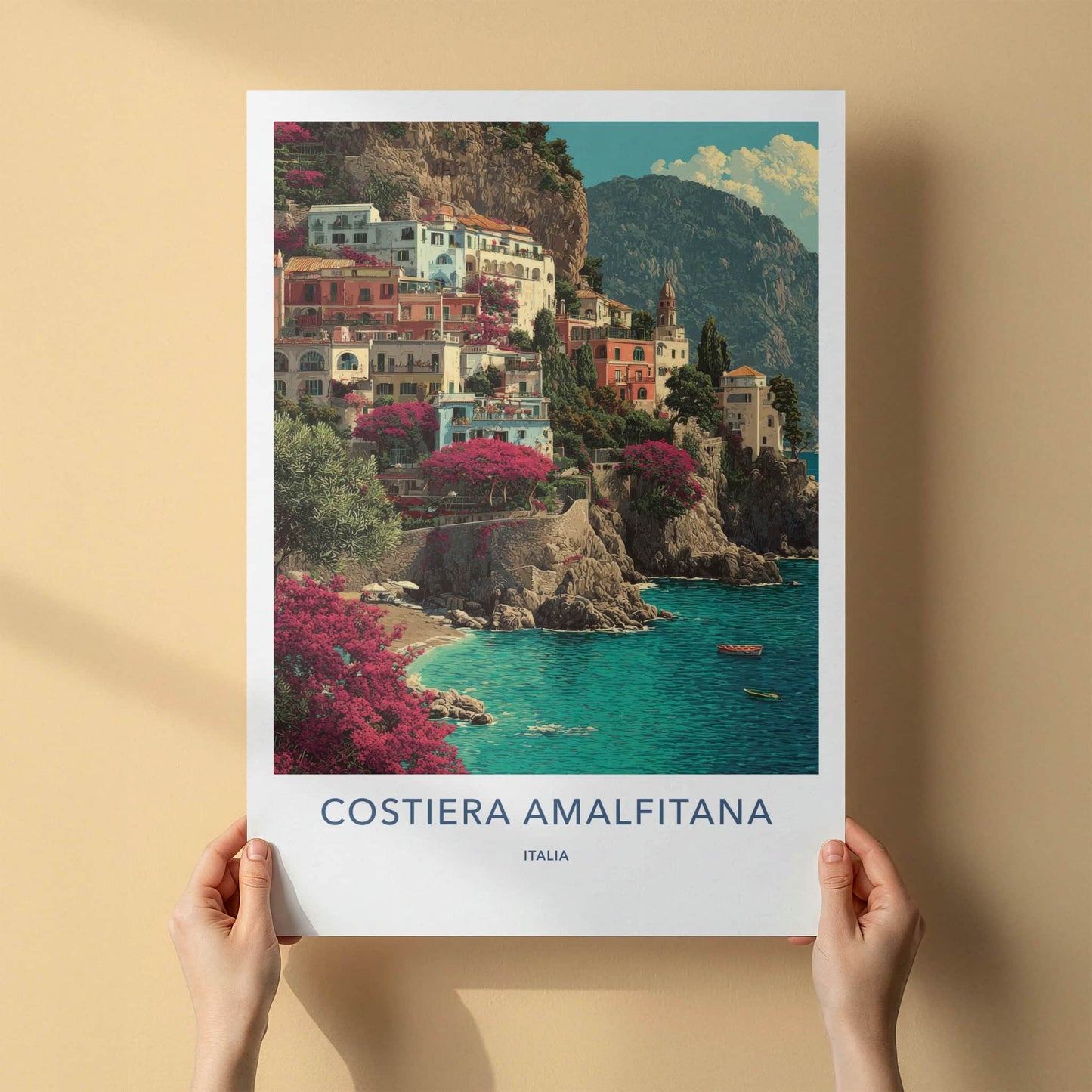 Costiera Amalfitana Poster - Italy Art Print - Cliffside Town Boats Wall Decor