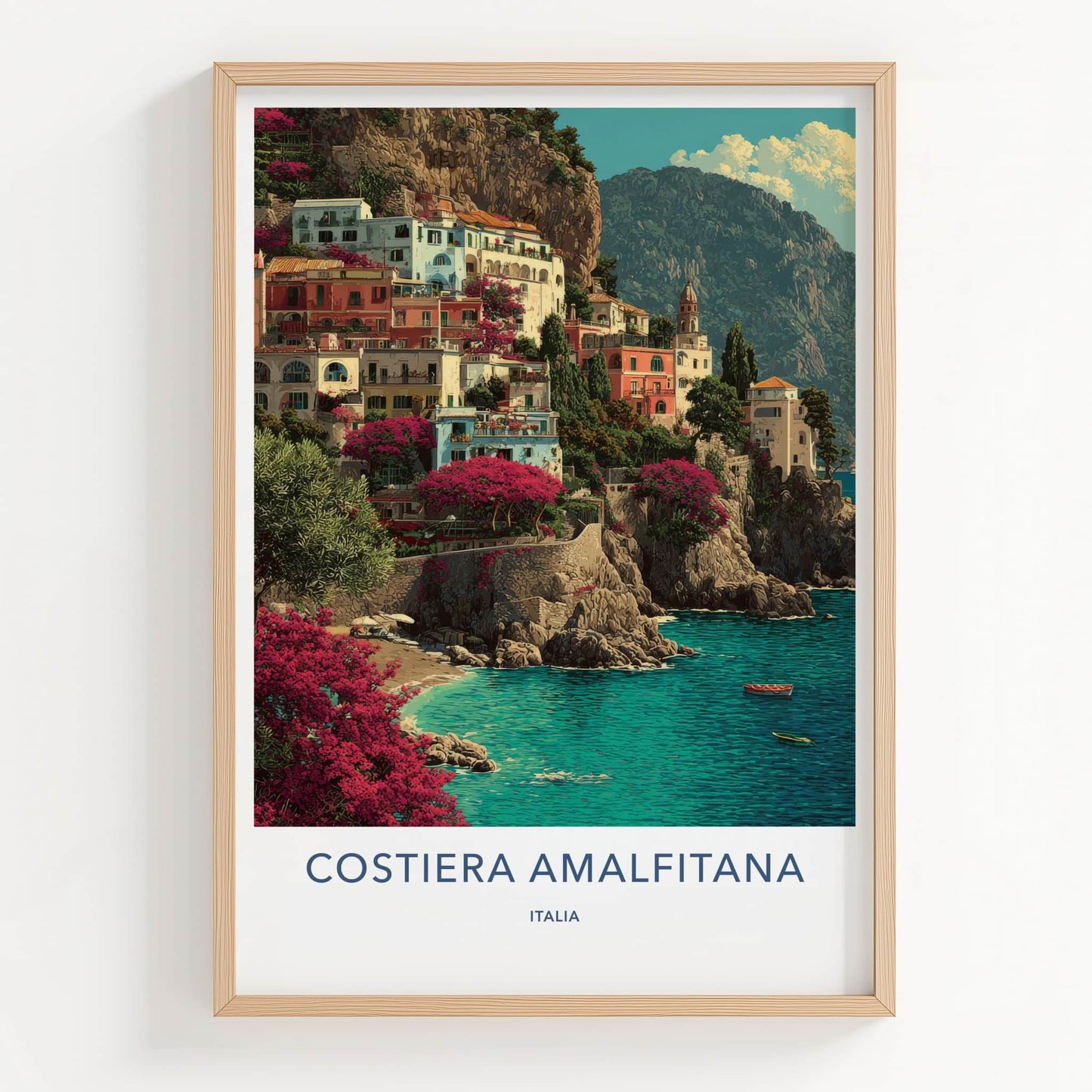 Costiera Amalfitana Poster - Italy Art Print - Cliffside Town Boats Wall Decor