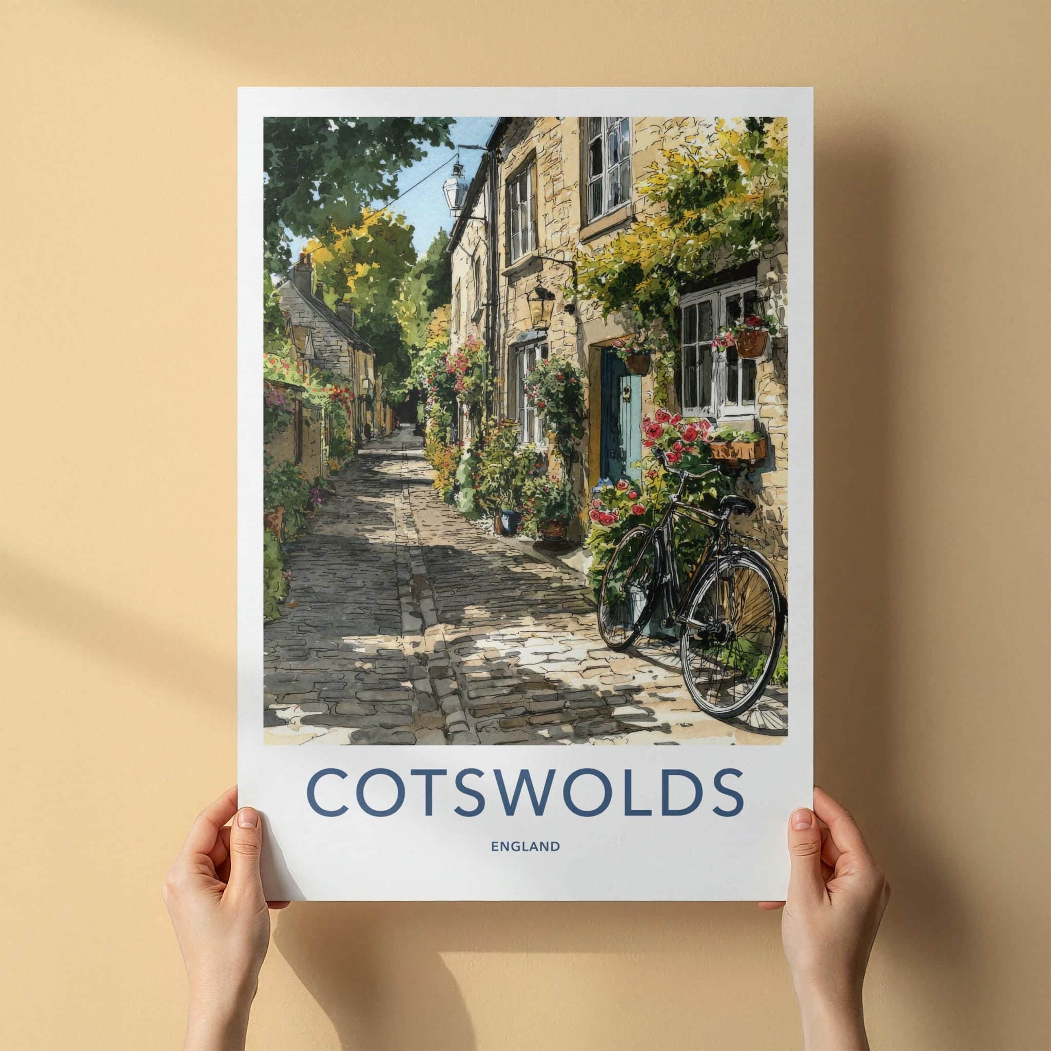 Cotswolds Poster - England Travel Art - Cobblestone Street Bicycle Home Decor