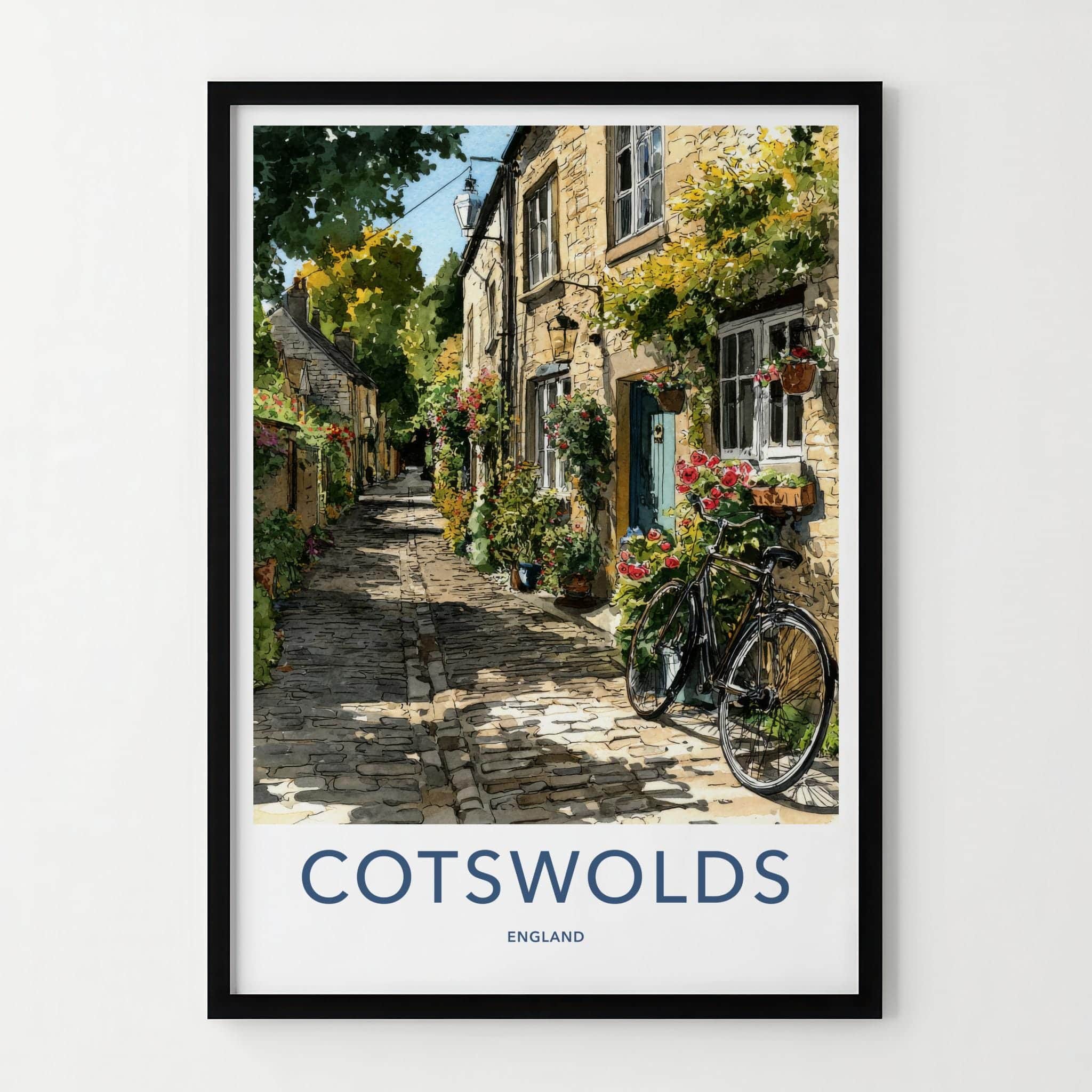 Cotswolds Poster - England Travel Art - Cobblestone Street Bicycle Home Decor