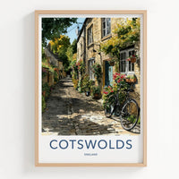 Cotswolds Poster - England Travel Art - Cobblestone Street Bicycle Home Decor