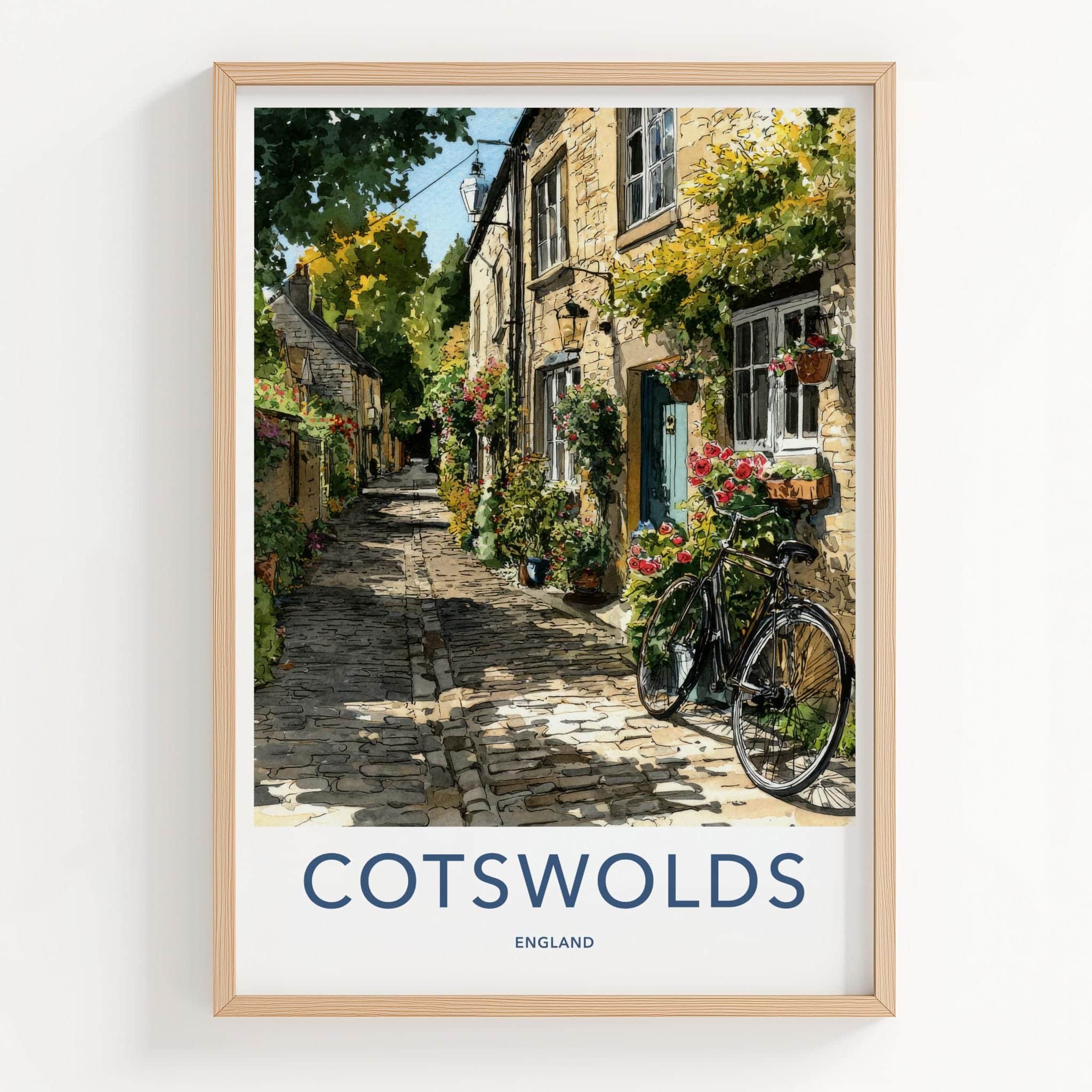 Cotswolds Poster - England Travel Art - Cobblestone Street Bicycle Home Decor