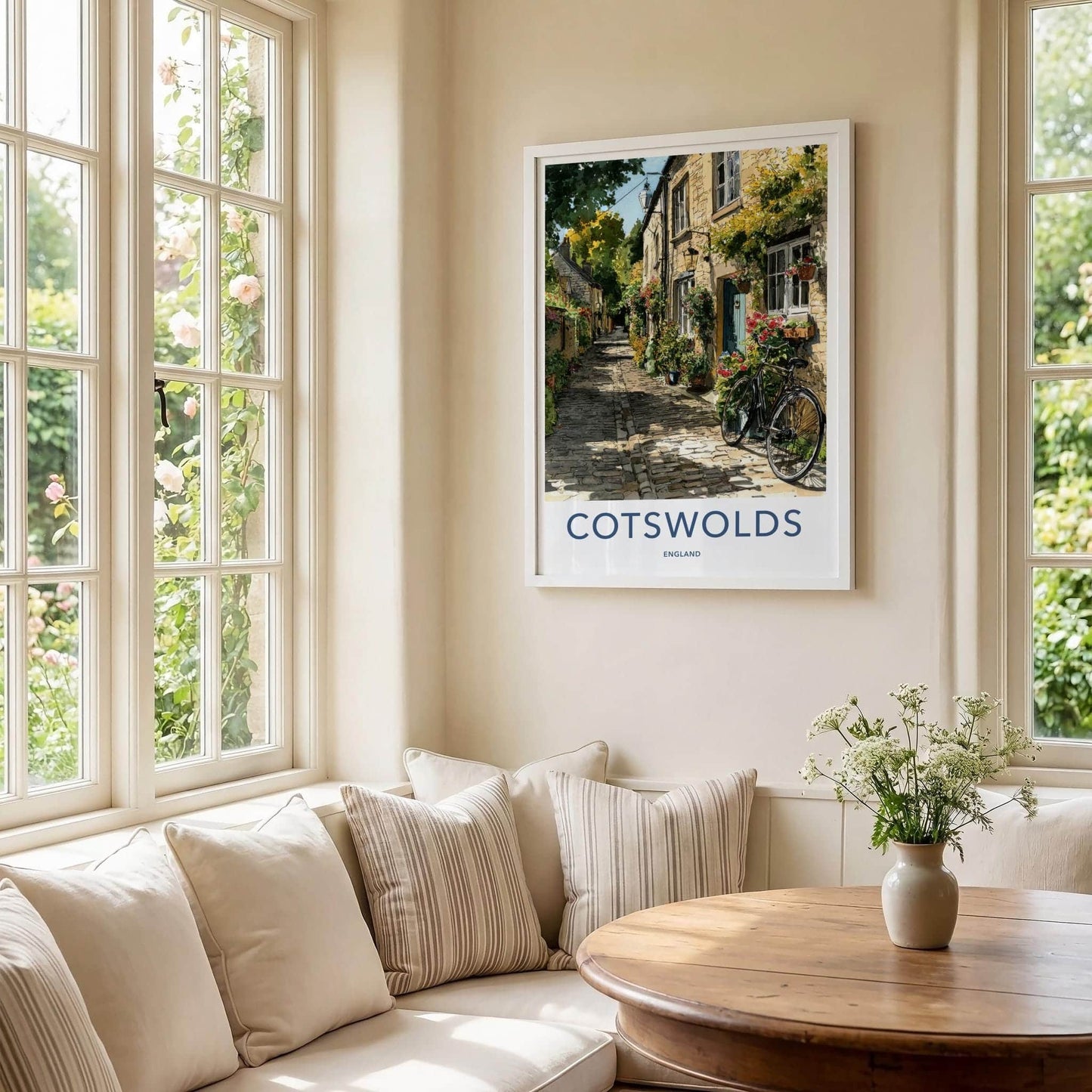 Cotswolds Poster - England Travel Art - Cobblestone Street Bicycle Home Decor