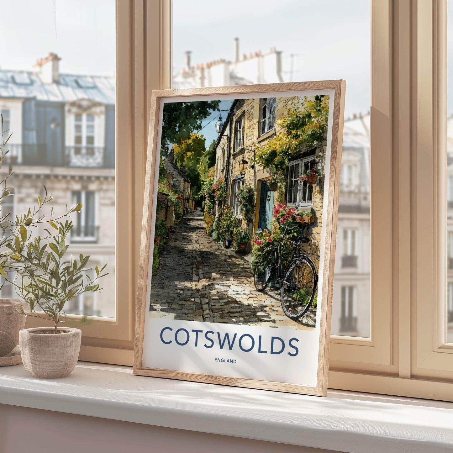 Cotswolds Poster - England Travel Art - Cobblestone Street Bicycle Home Decor