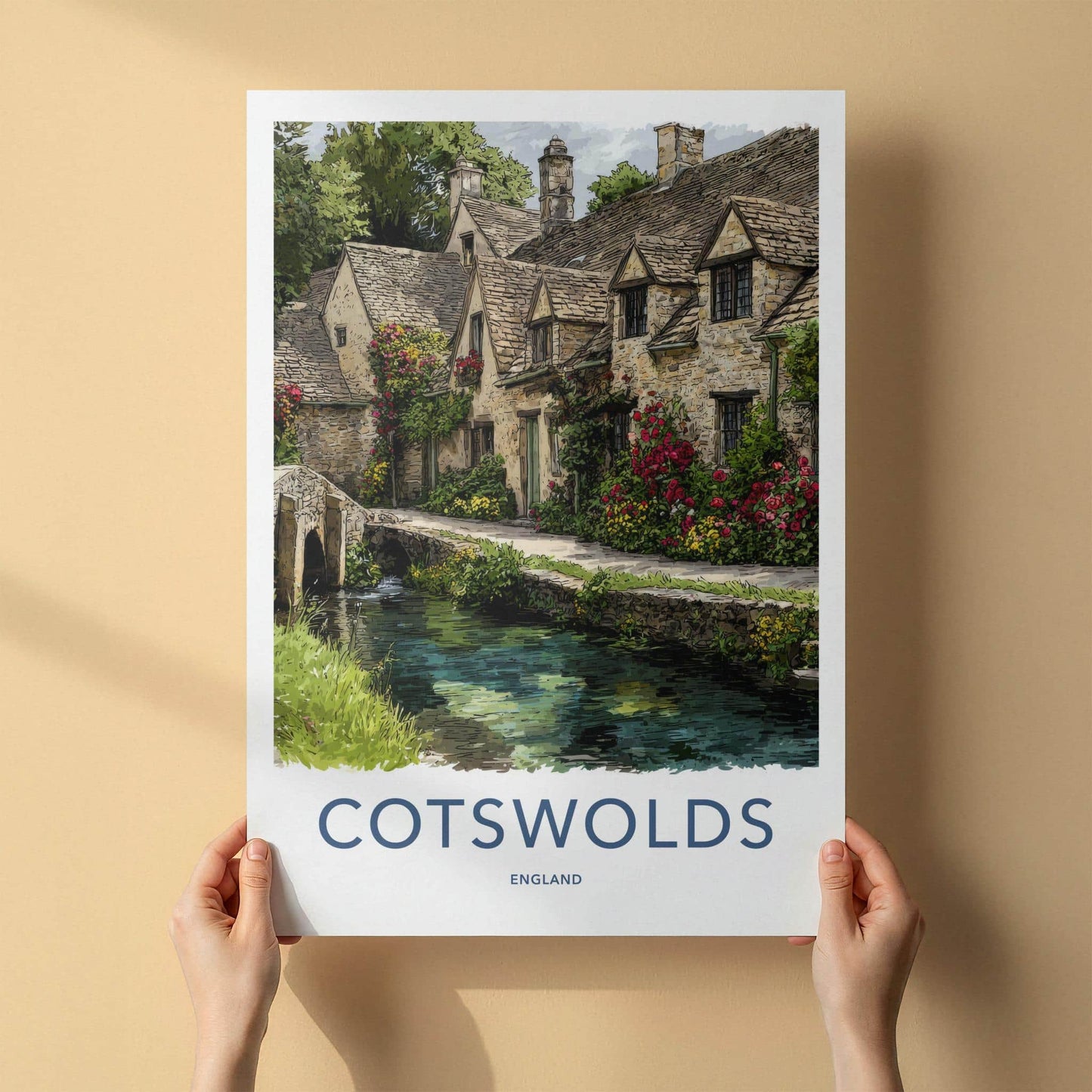 Cotswolds Poster - England Travel Art - Floral Stone Bridge Wall Decor