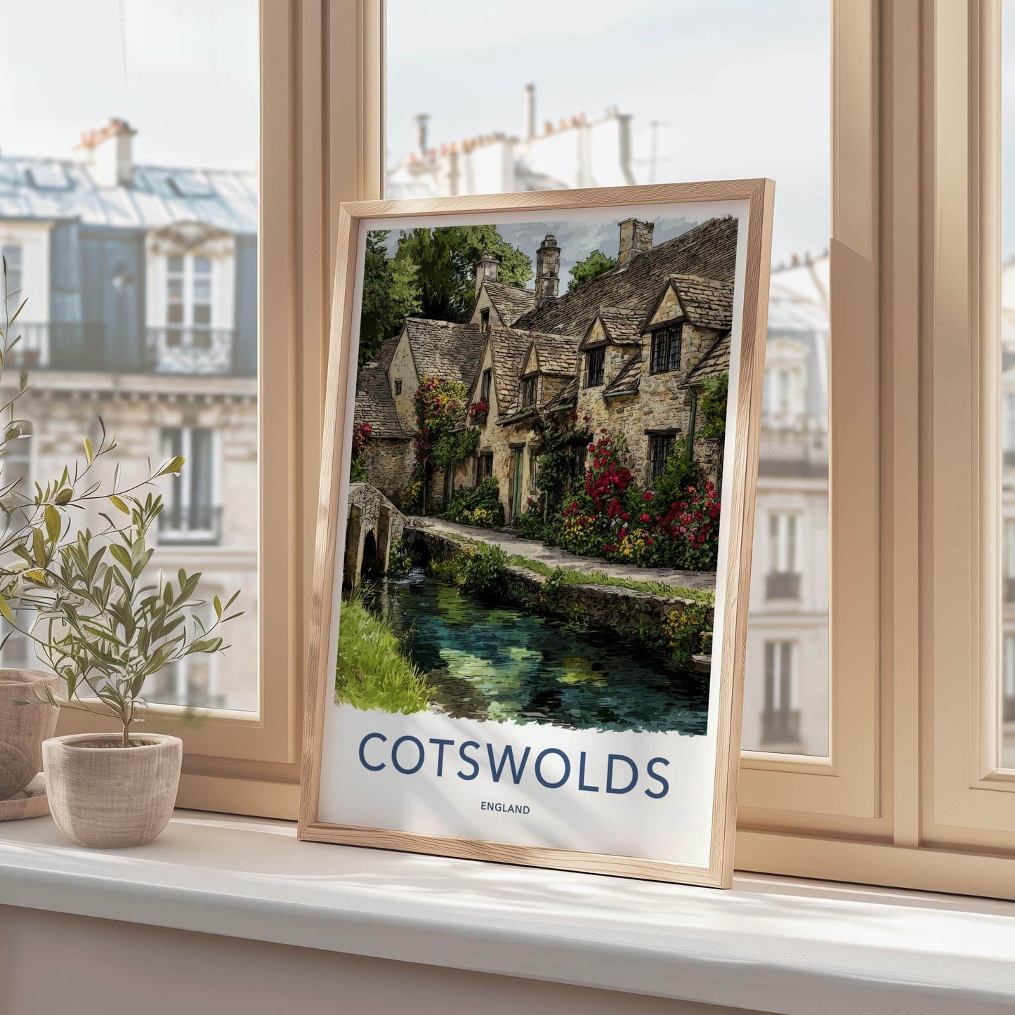 Cotswolds Poster - England Travel Art - Floral Stone Bridge Wall Decor